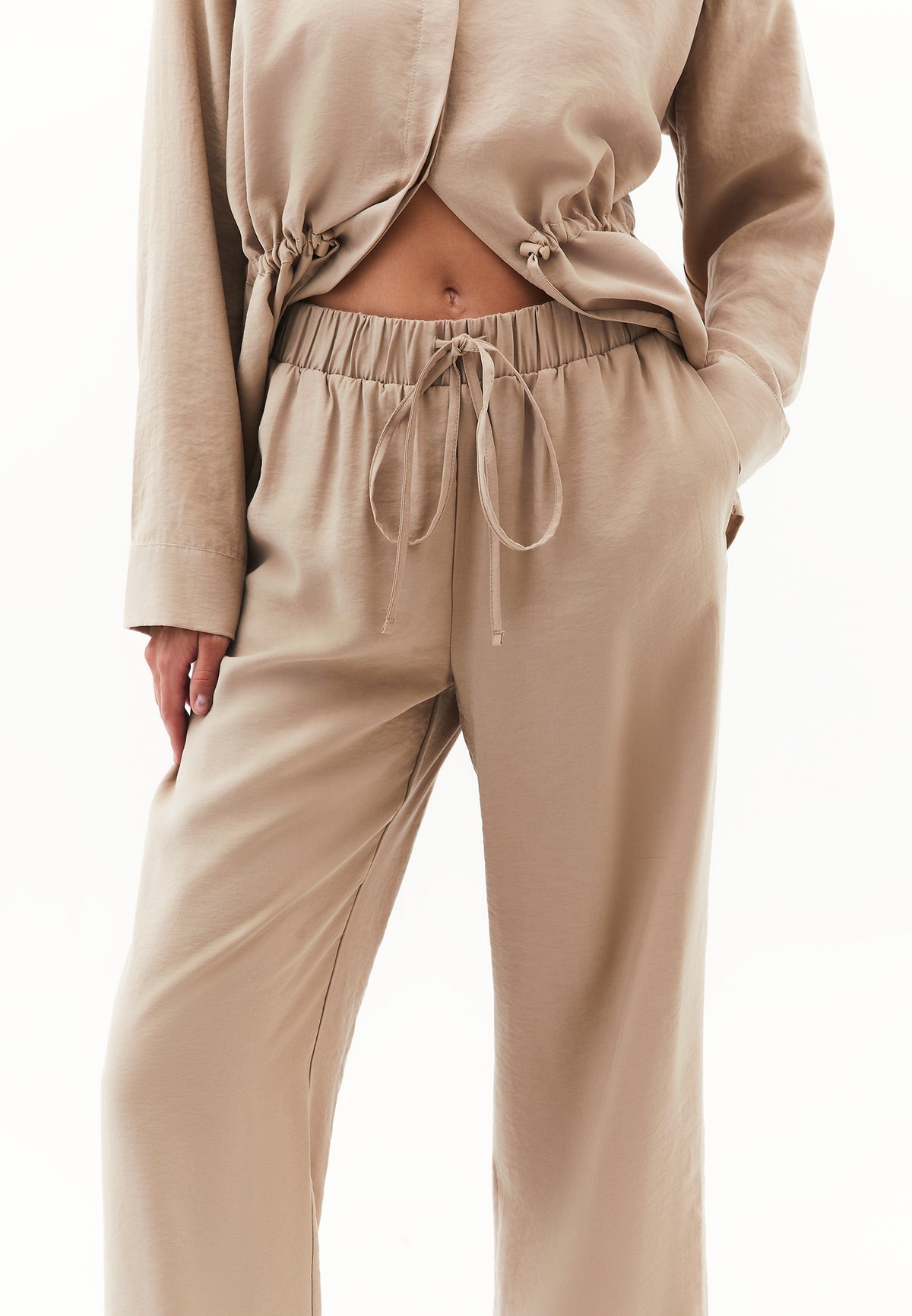 High Waist Elastic Pants - Beige