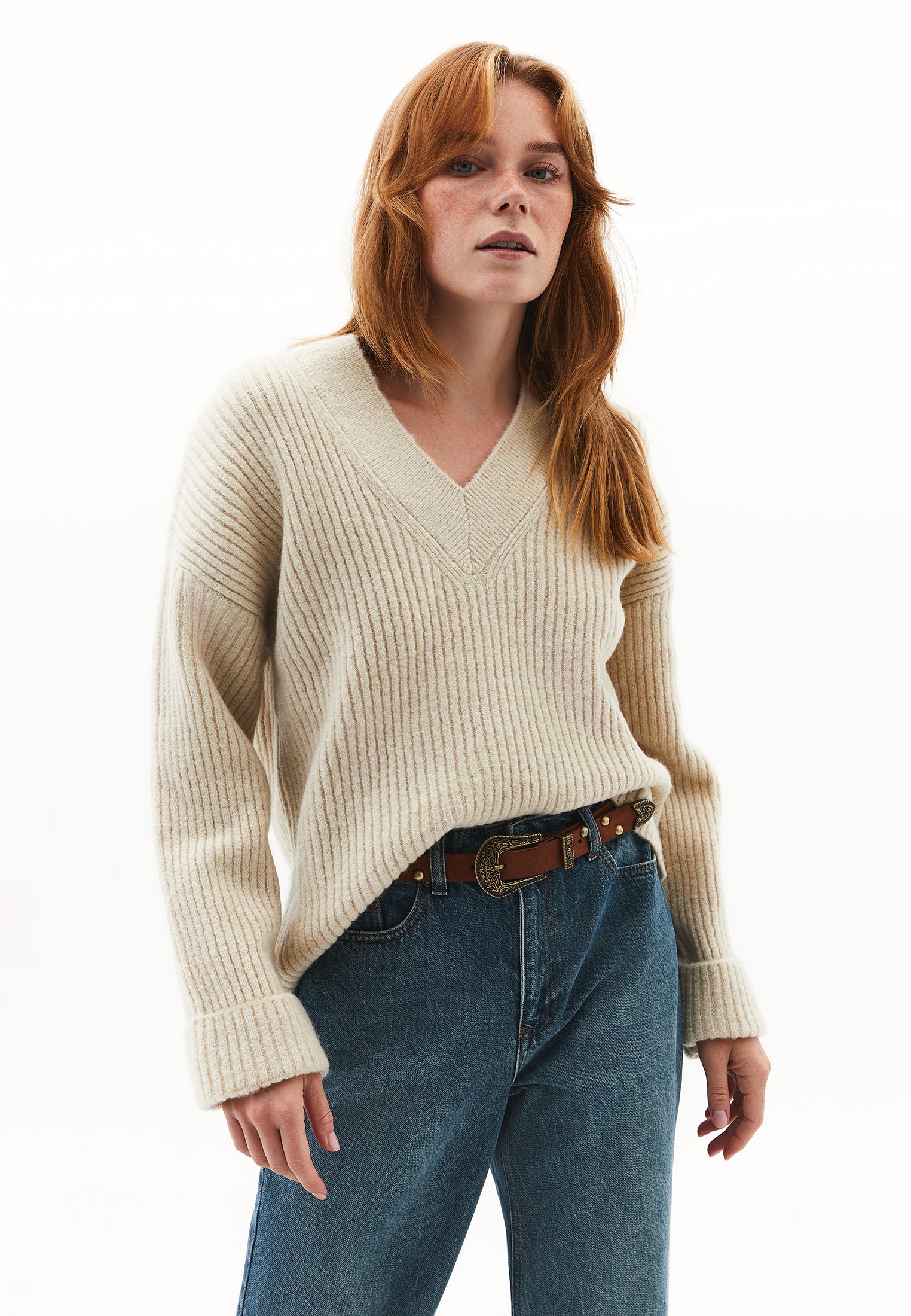 V Neck Knit Sweater - SILVER BIRCH