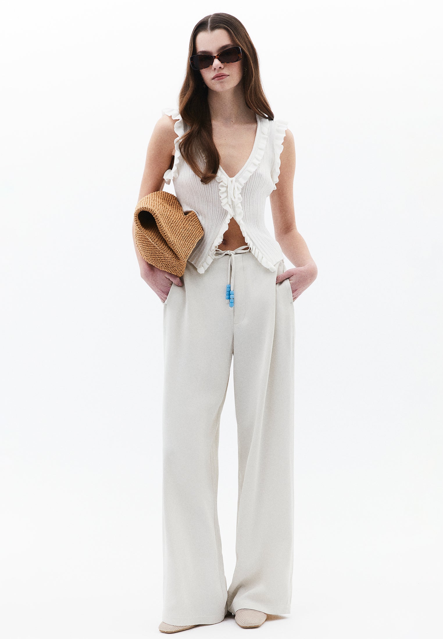 Wide Leg Pants With Bead Details - SILVER BIRCH