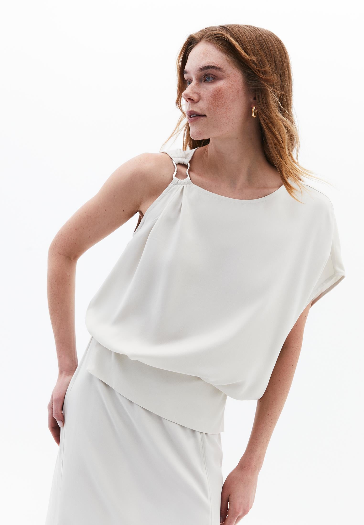Boat Neck Short Sleeve Asymmetric Blouse - SILVER BIRCH