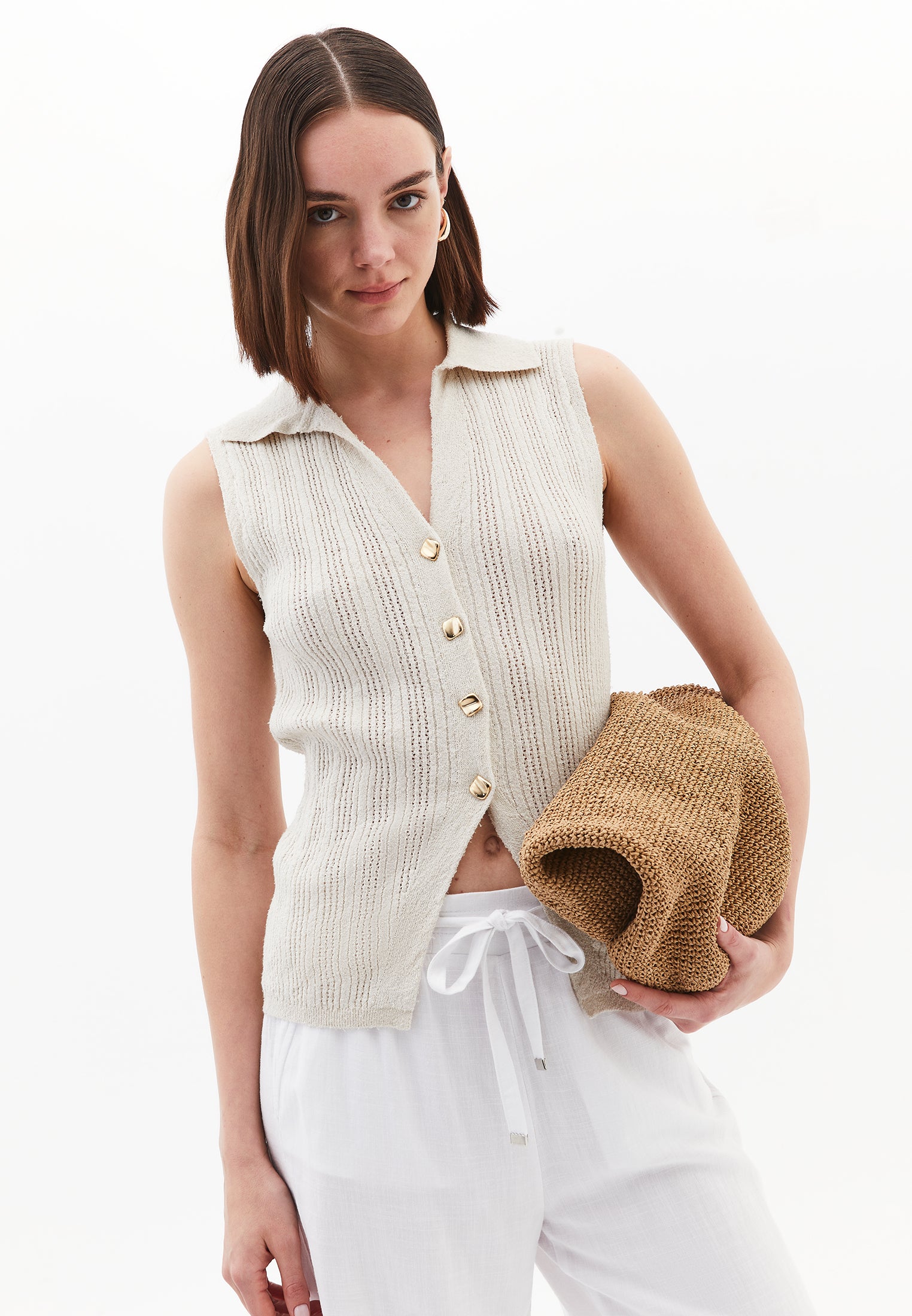 V Neck Boucle Vest - SILVER BIRCH