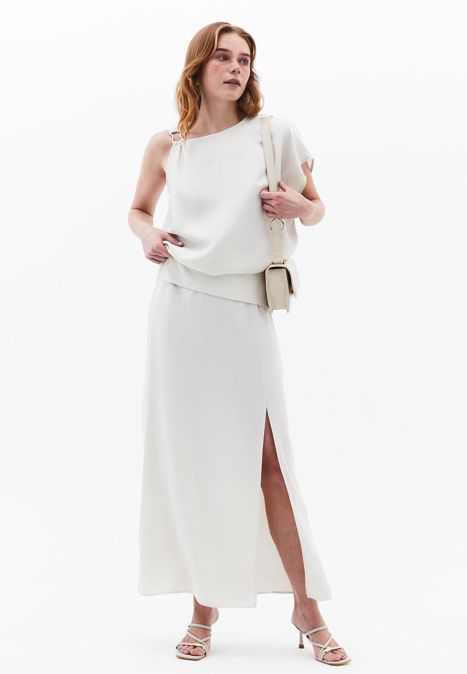 Boat Neck Short Sleeve Asymmetric Blouse - SILVER BIRCH