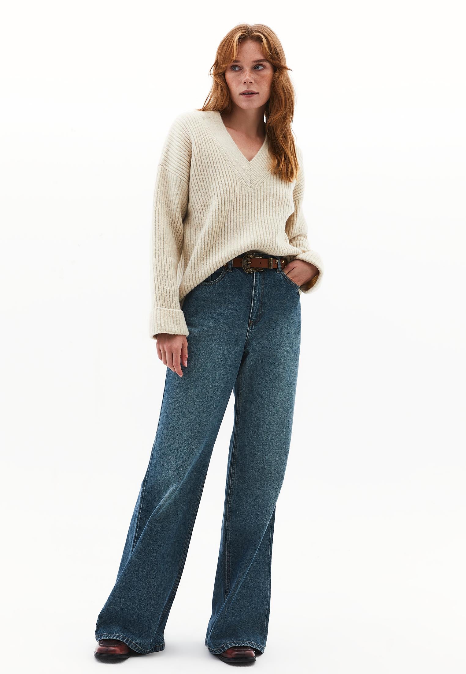 V Neck Knit Sweater - SILVER BIRCH