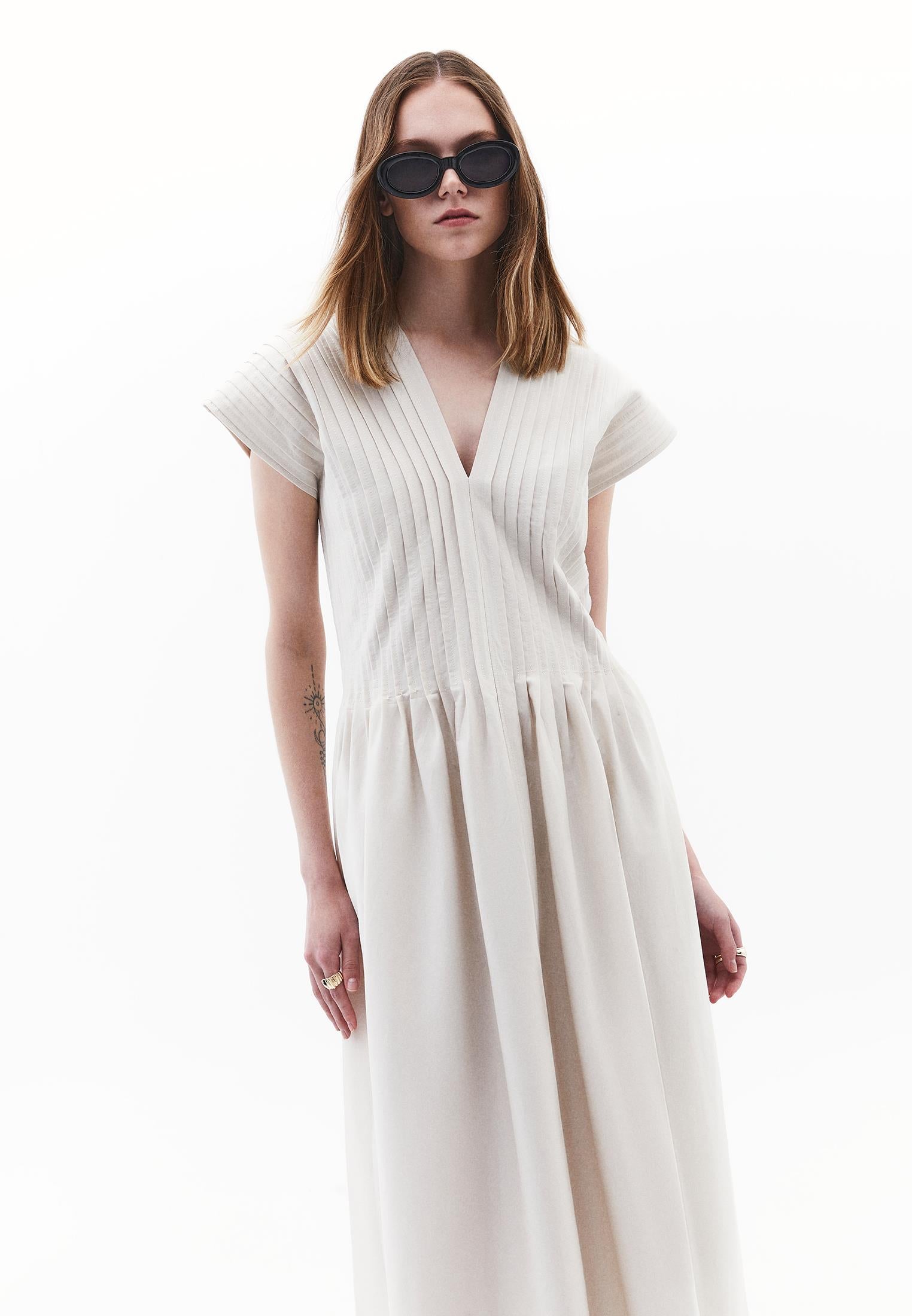 Flared V-Neck Long Dress - SILVER BIRCH