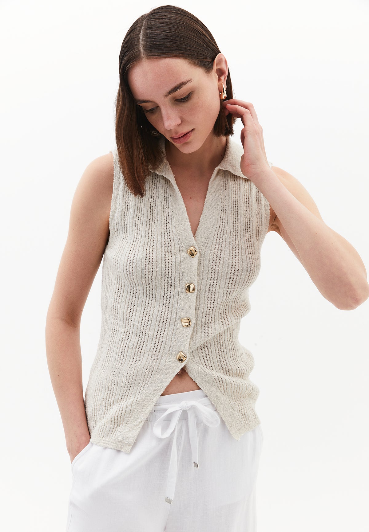 V Neck Boucle Vest - SILVER BIRCH
