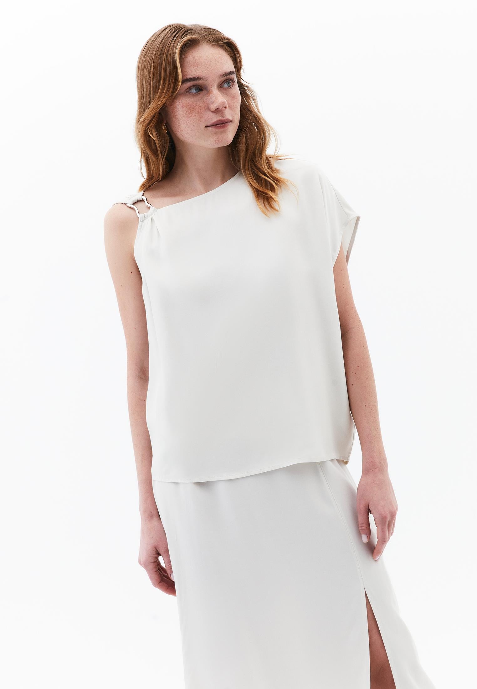 Boat Neck Short Sleeve Asymmetric Blouse - SILVER BIRCH