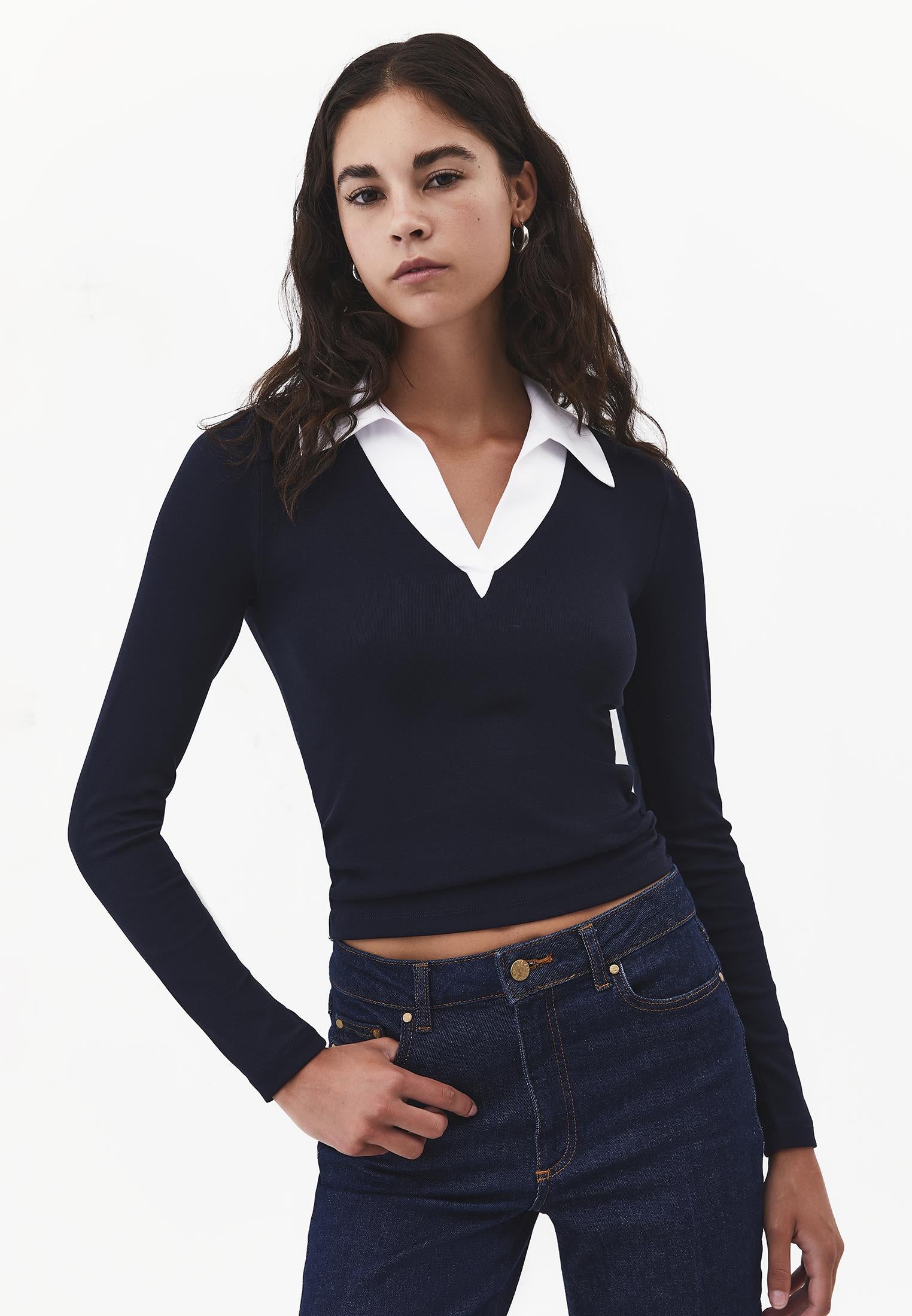 Polo Neck Long Sleeve Bodycon T-Shirt - SKY CAPTAIN