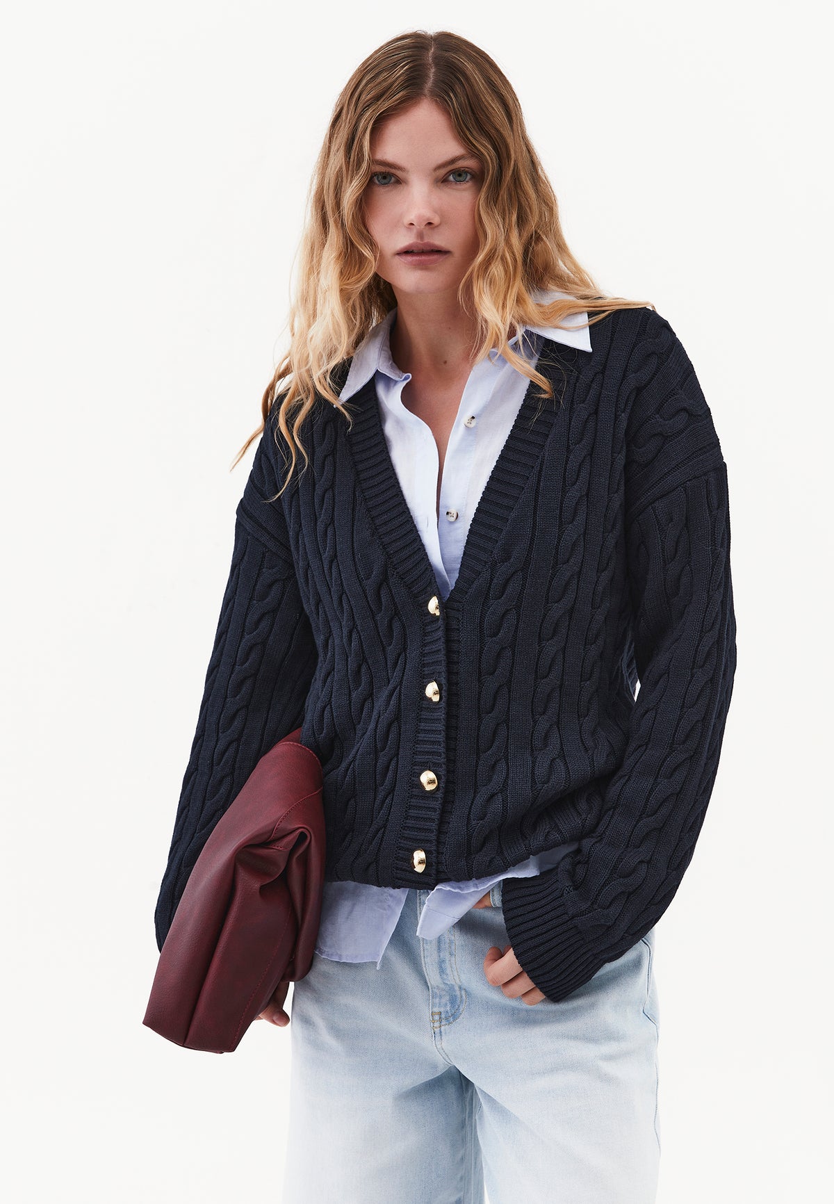 Oversized Long V Neck Cardigan - Navy Blue