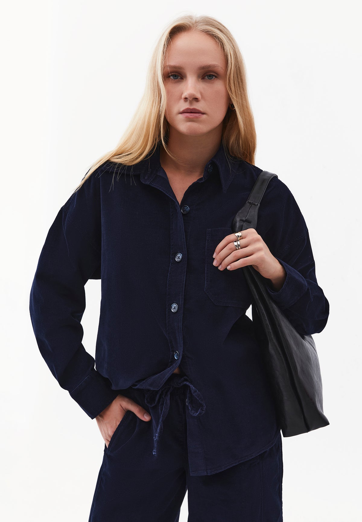 Oversize Buttoned Long Sleeve Shirt - Navy Blue
