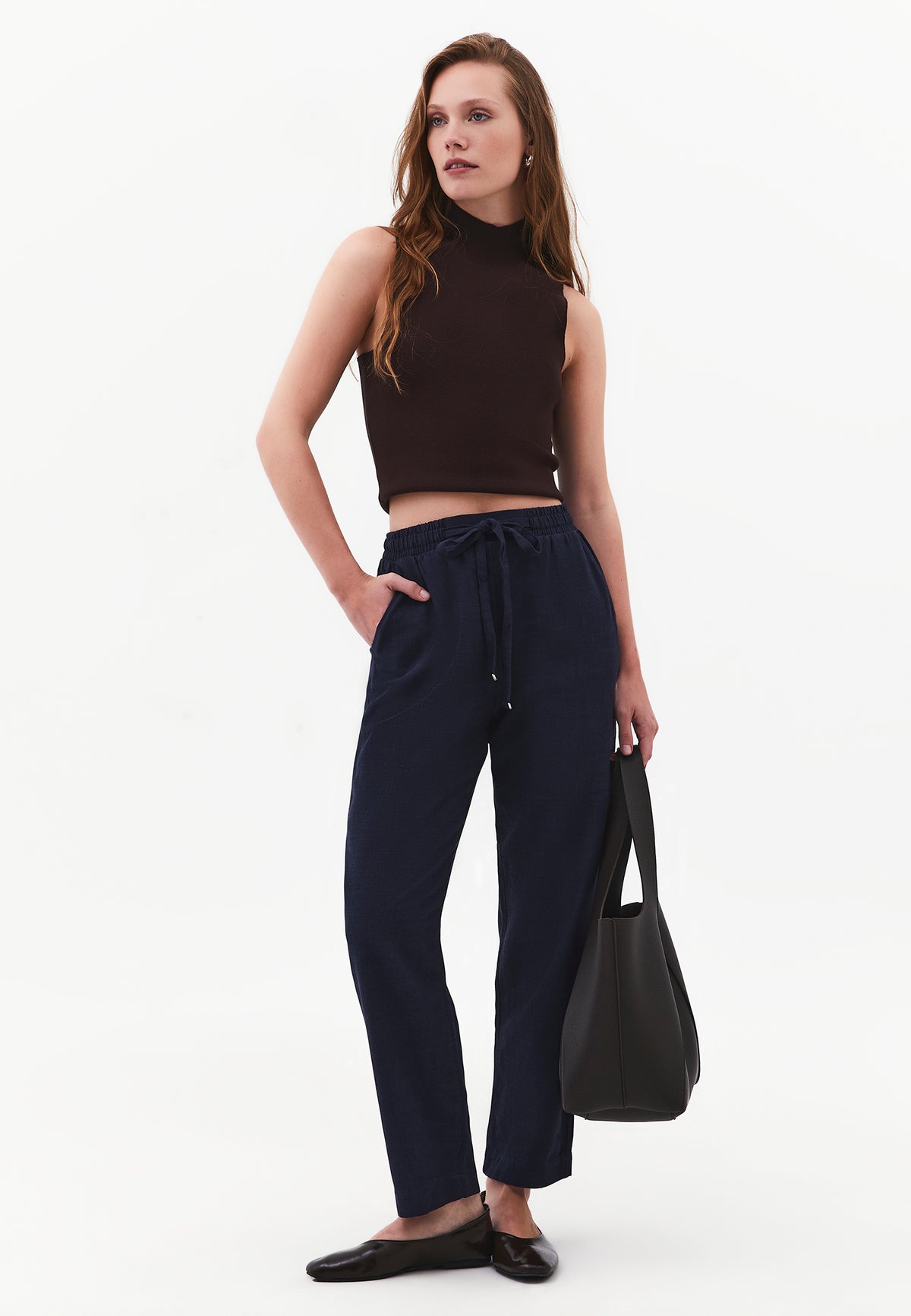 Carrot Pants With Elastic Waist - Navy Blue