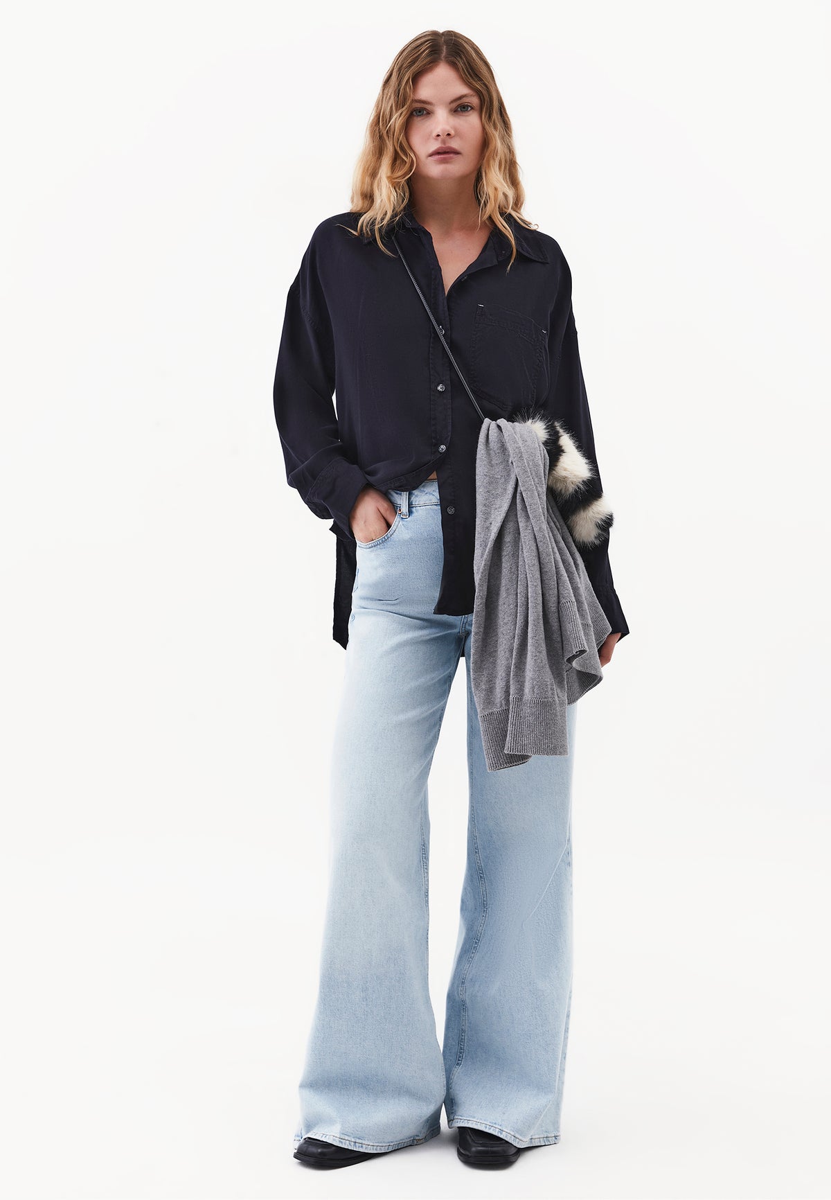 Long Sleeve Oversize Shirt Collar Woven Shirt - SKY CAPTAIN