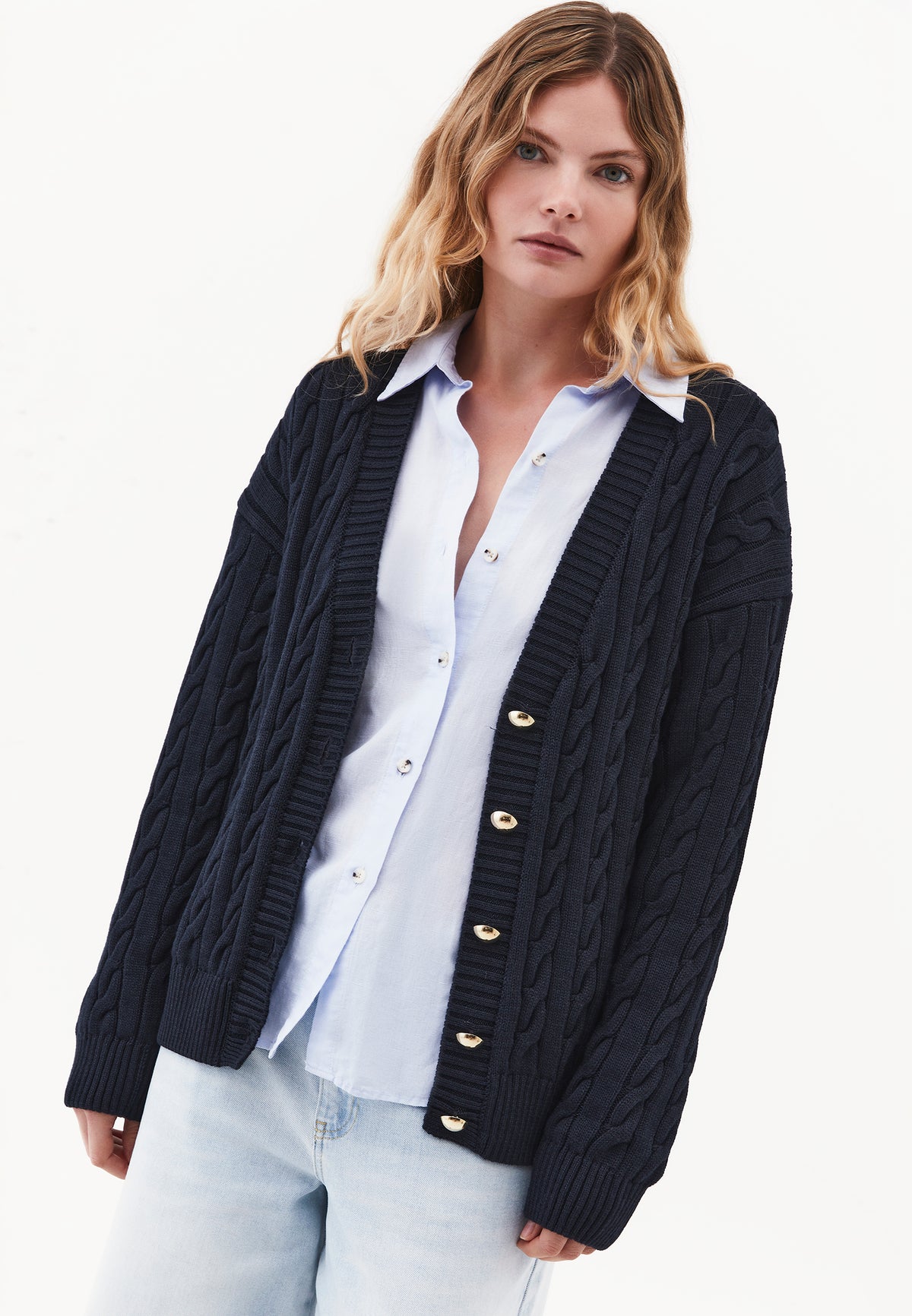 Oversized Long V Neck Cardigan - Navy Blue