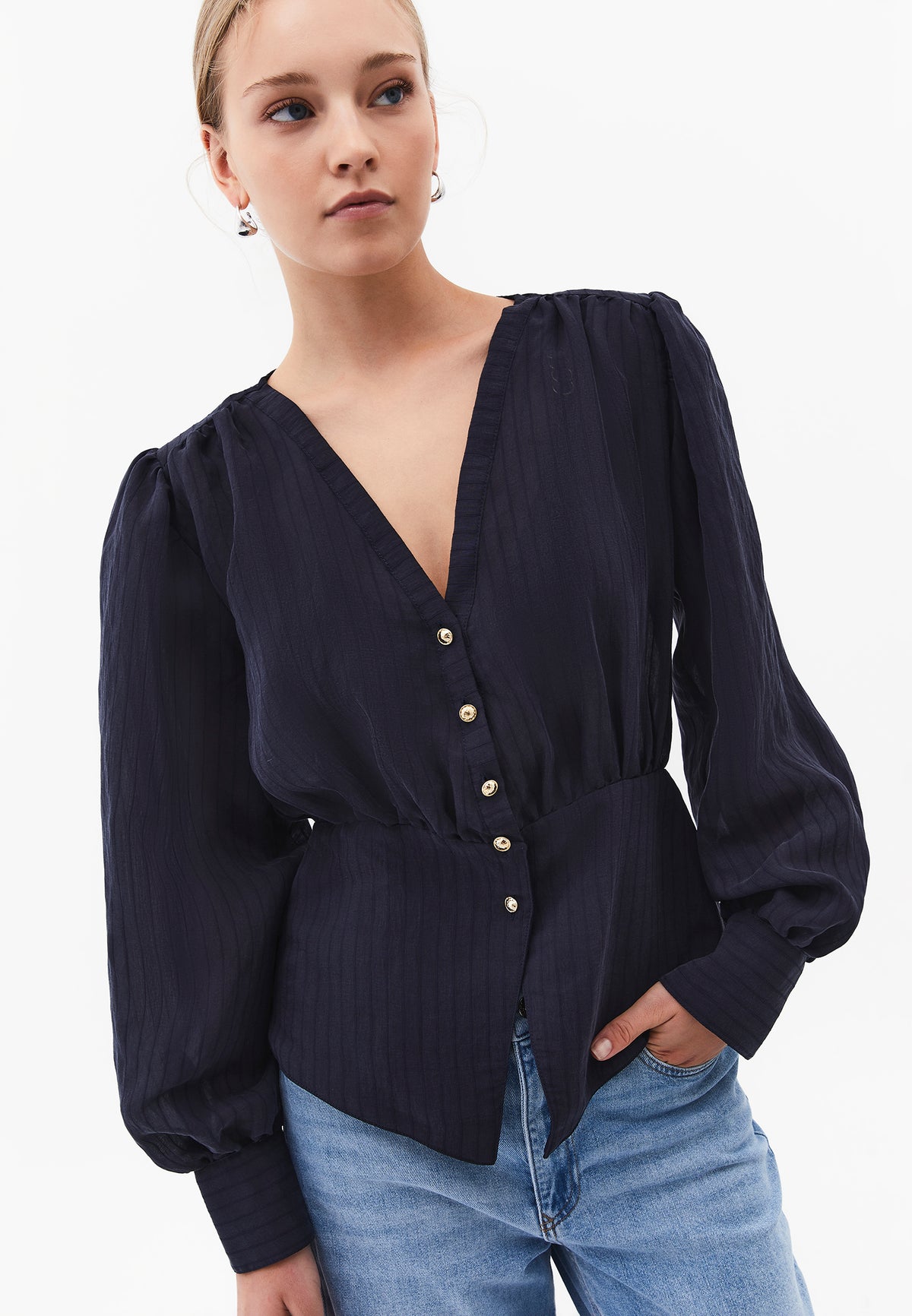 V-Neck Loose Fit Blouse - SKY CAPTAIN
