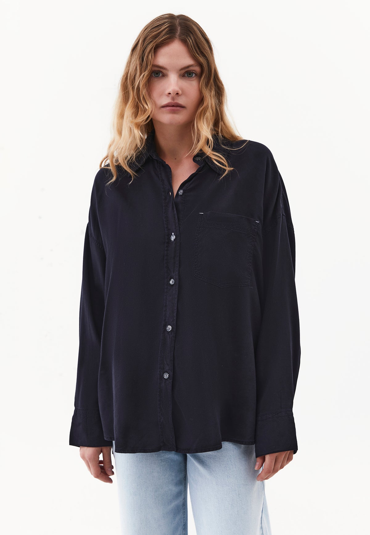 Long Sleeve Oversize Shirt Collar Woven Shirt - SKY CAPTAIN