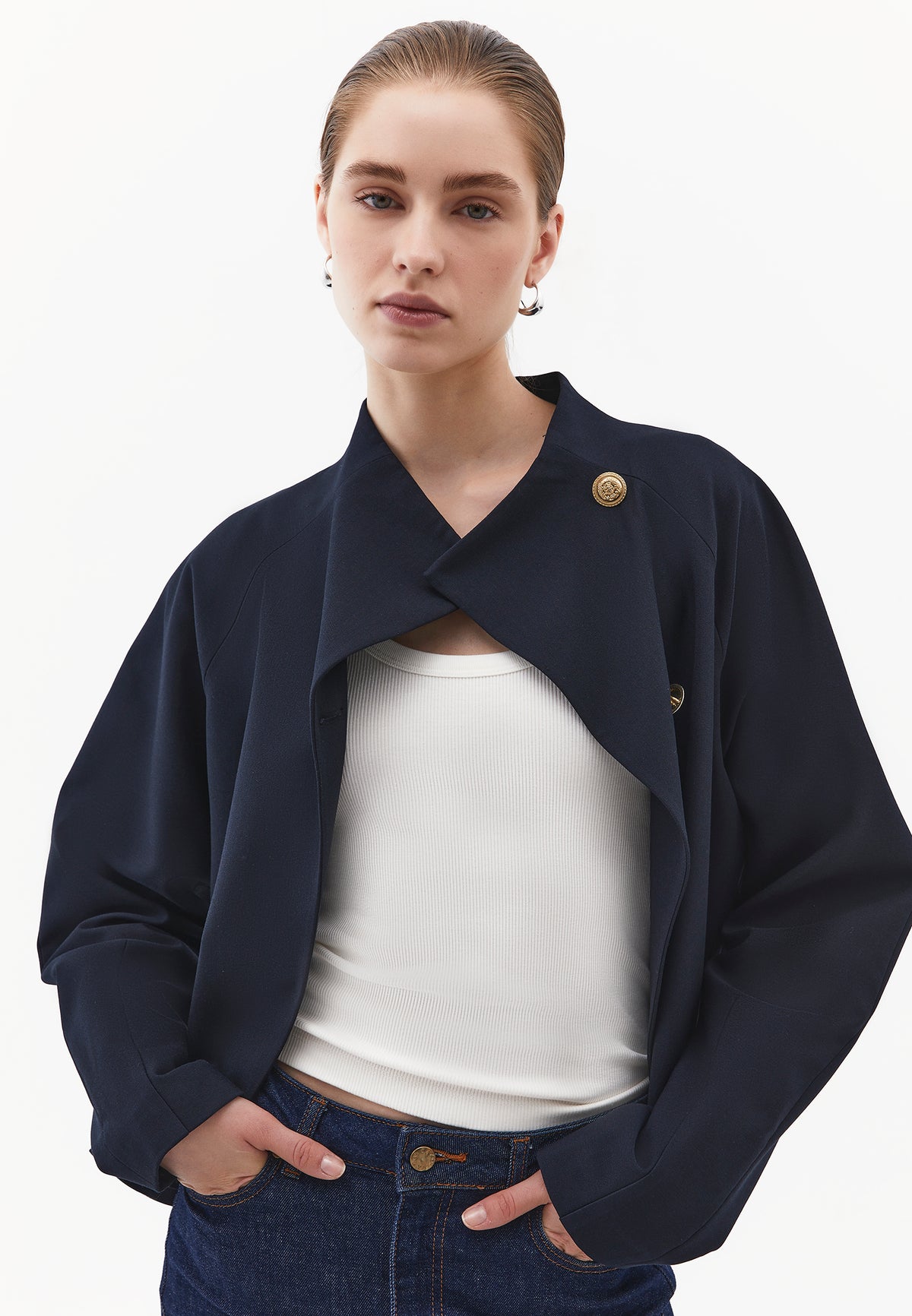 Buttoned Blazer Jacket - Navy Blue