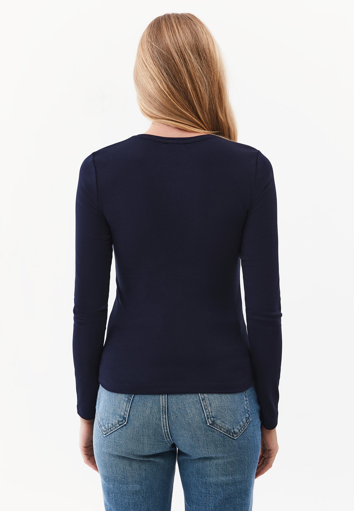 Crew Neck Long Sleeve T-Shirt - Navy Blue