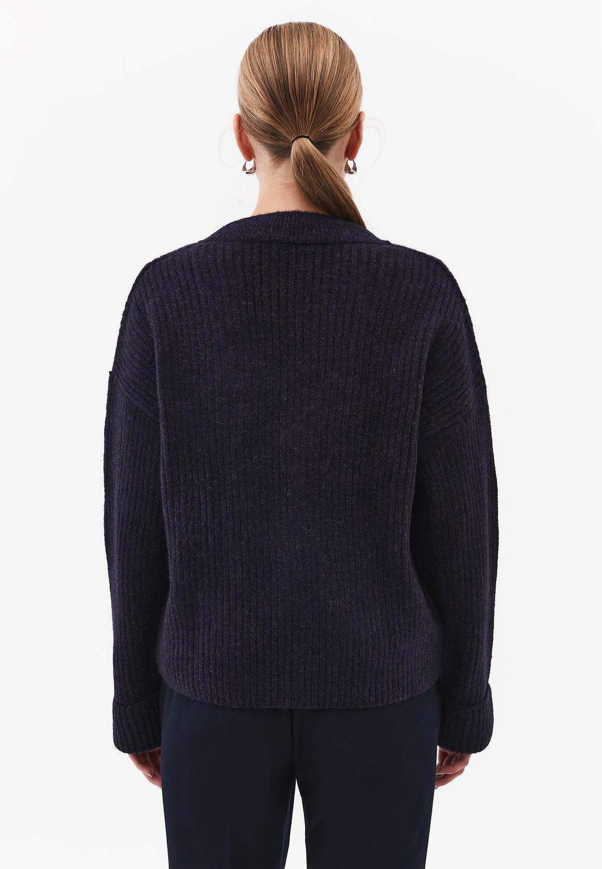 Loose V-Neck Sweater - Navy Blue