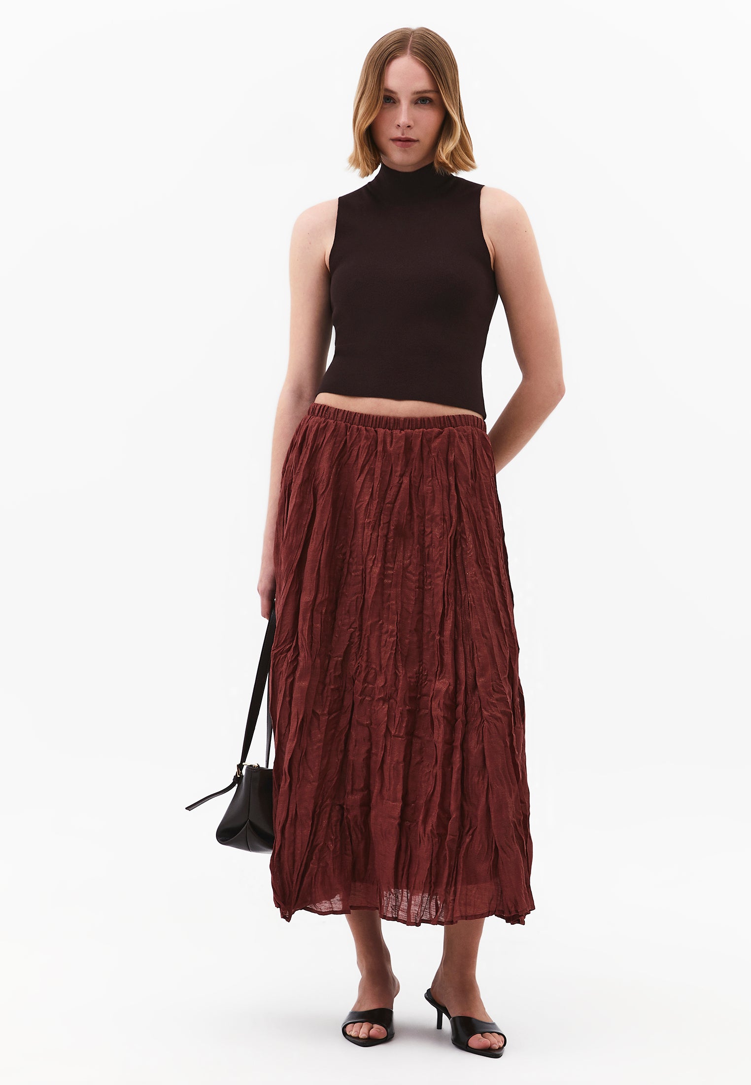 Shiny Flared Long Skirt - SPICED APPLE