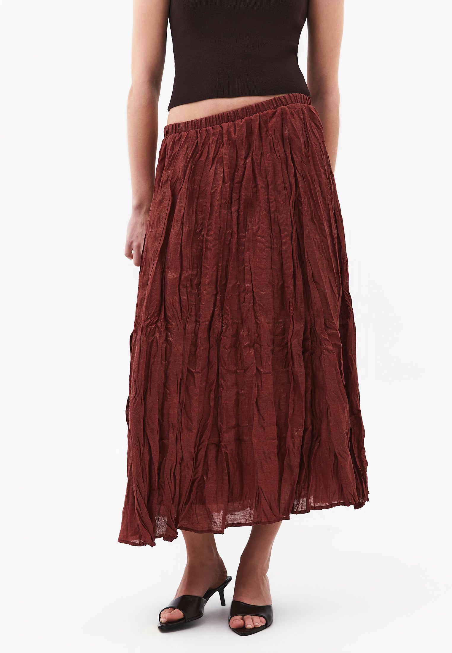 Shiny Flared Long Skirt - SPICED APPLE