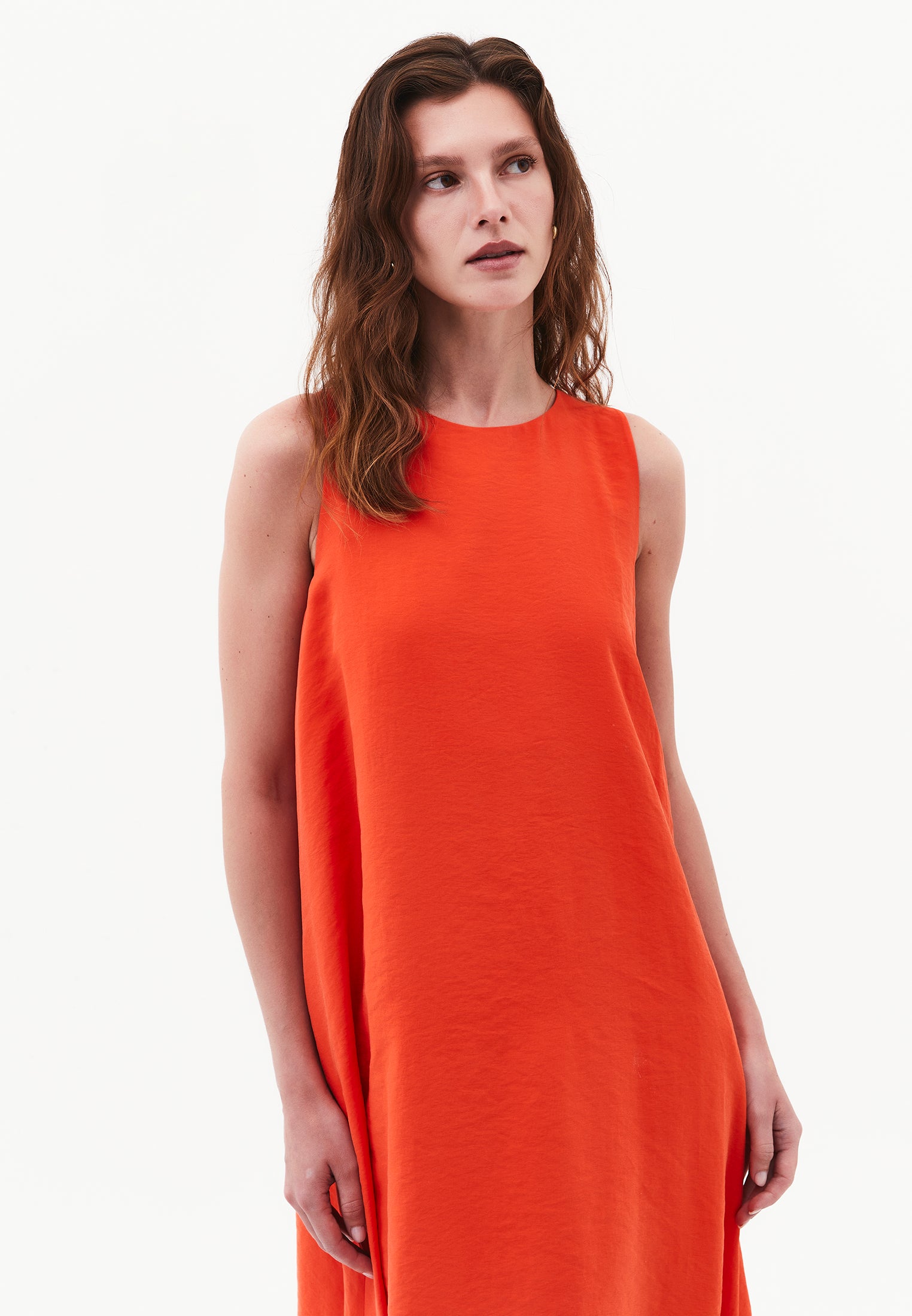 Boat Neck Sleeveless Midi Dress With Pocket Details - SPICY ORANGE