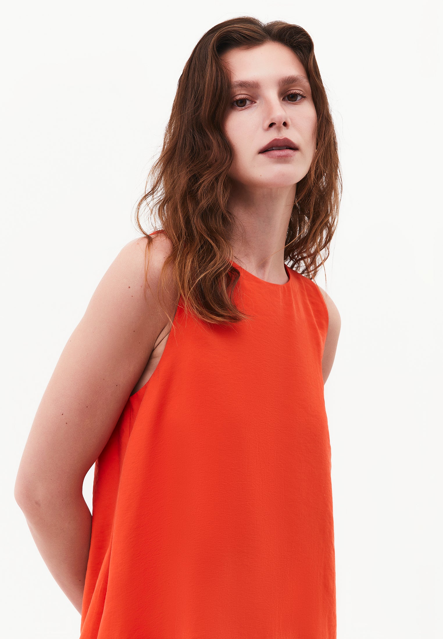 Boat Neck Sleeveless Midi Dress With Pocket Details - SPICY ORANGE