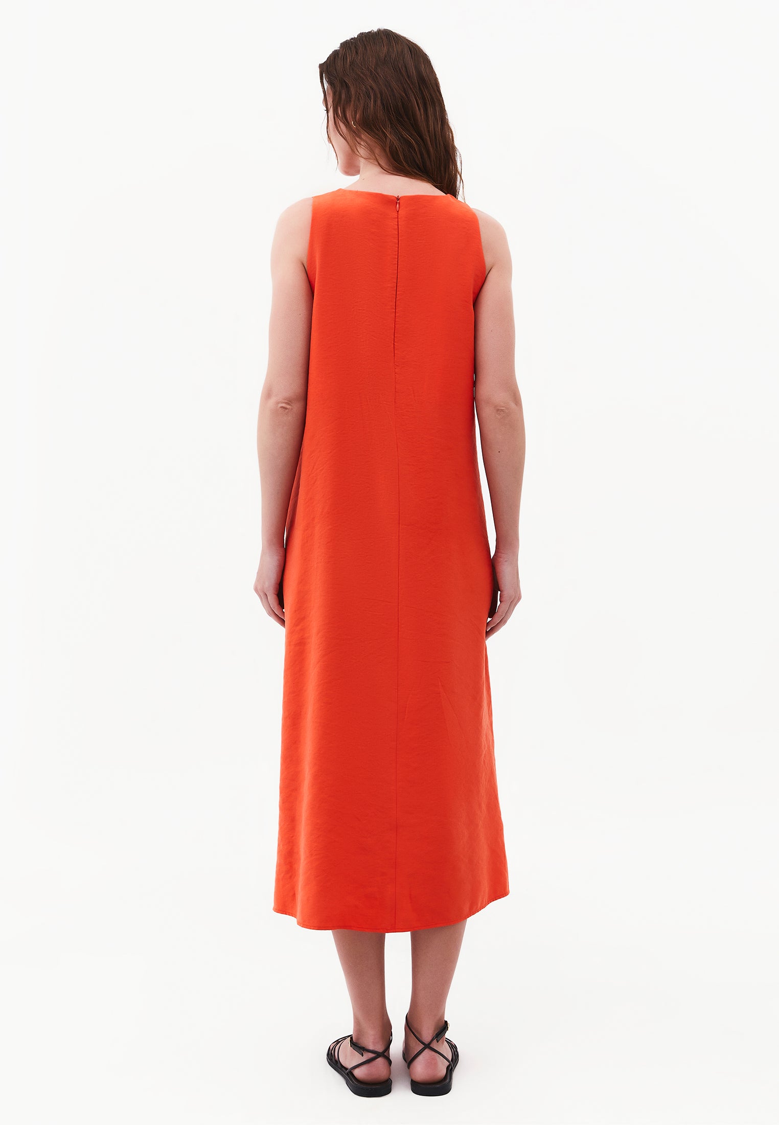 Boat Neck Sleeveless Midi Dress With Pocket Details - SPICY ORANGE