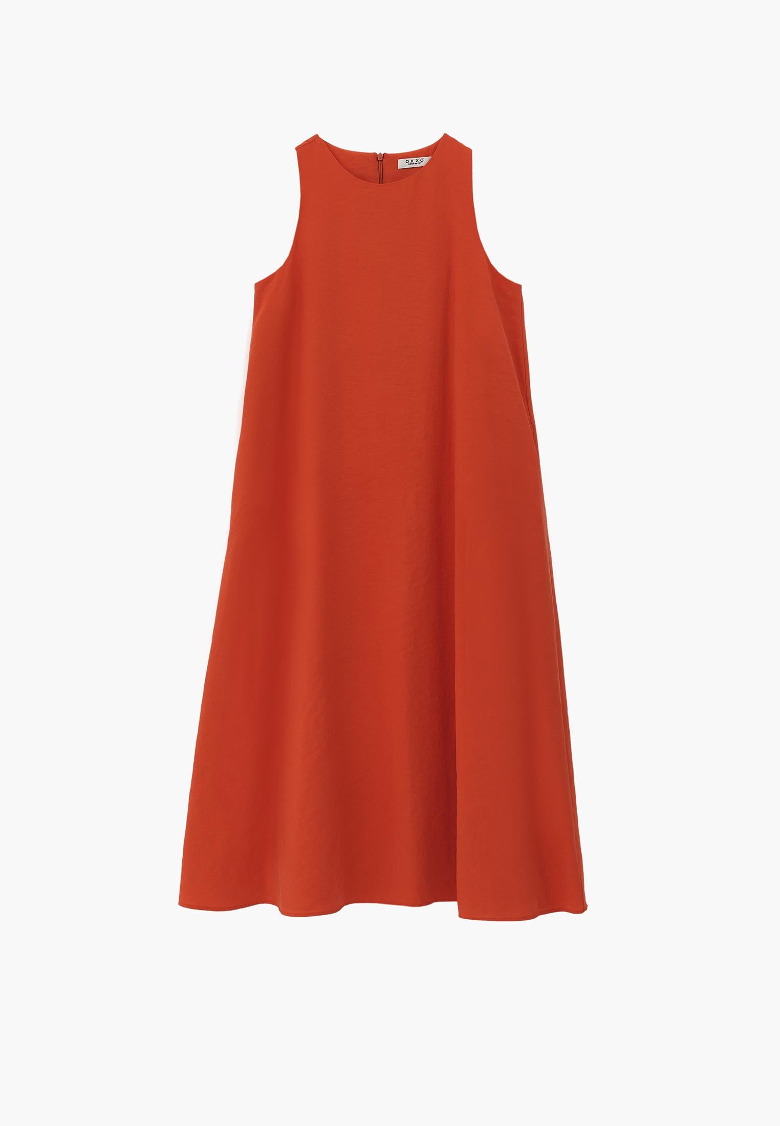 Boat Neck Sleeveless Midi Dress With Pocket Details - SPICY ORANGE