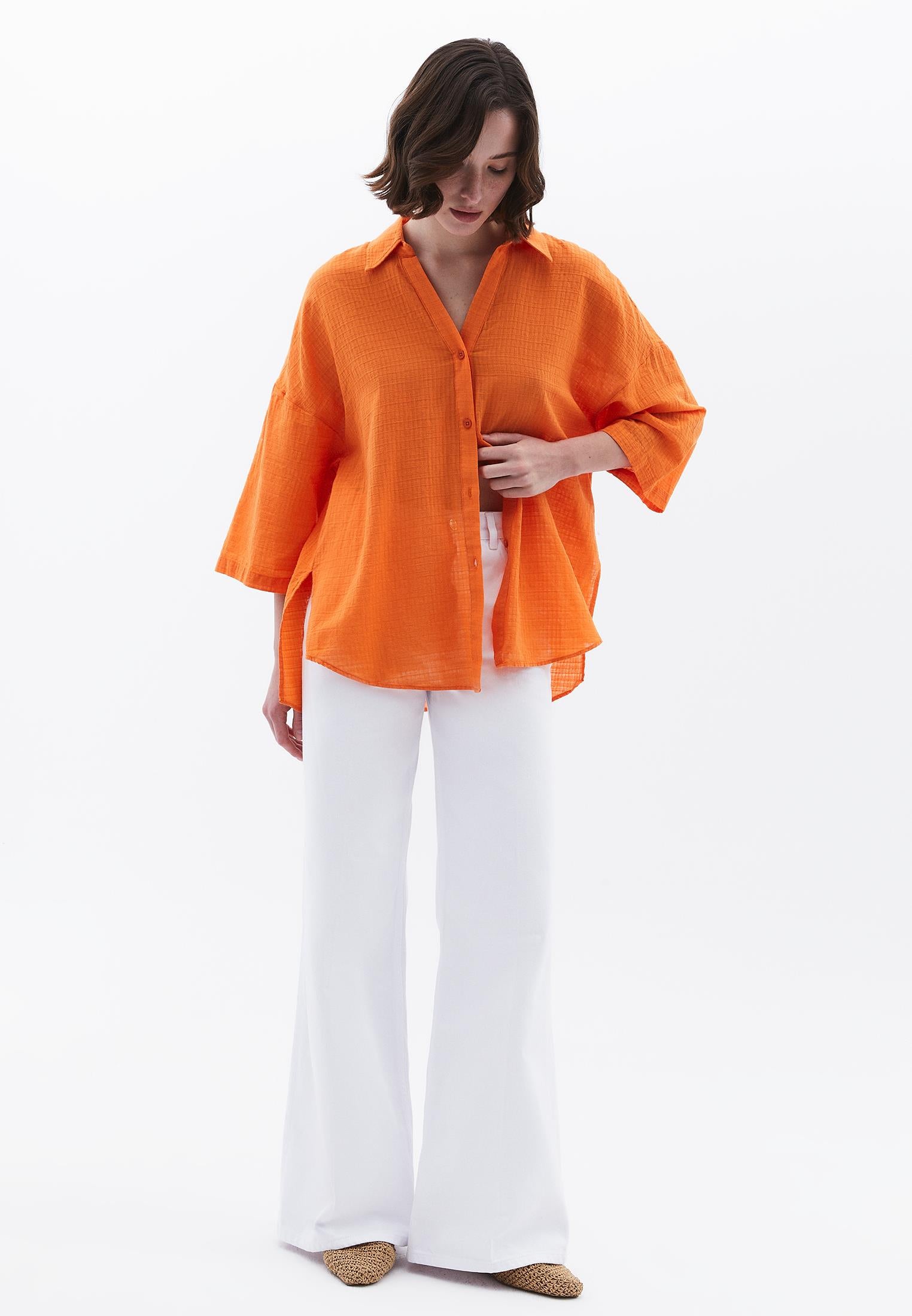 Button Detailed Oversize Shirt - SUN ORANGE