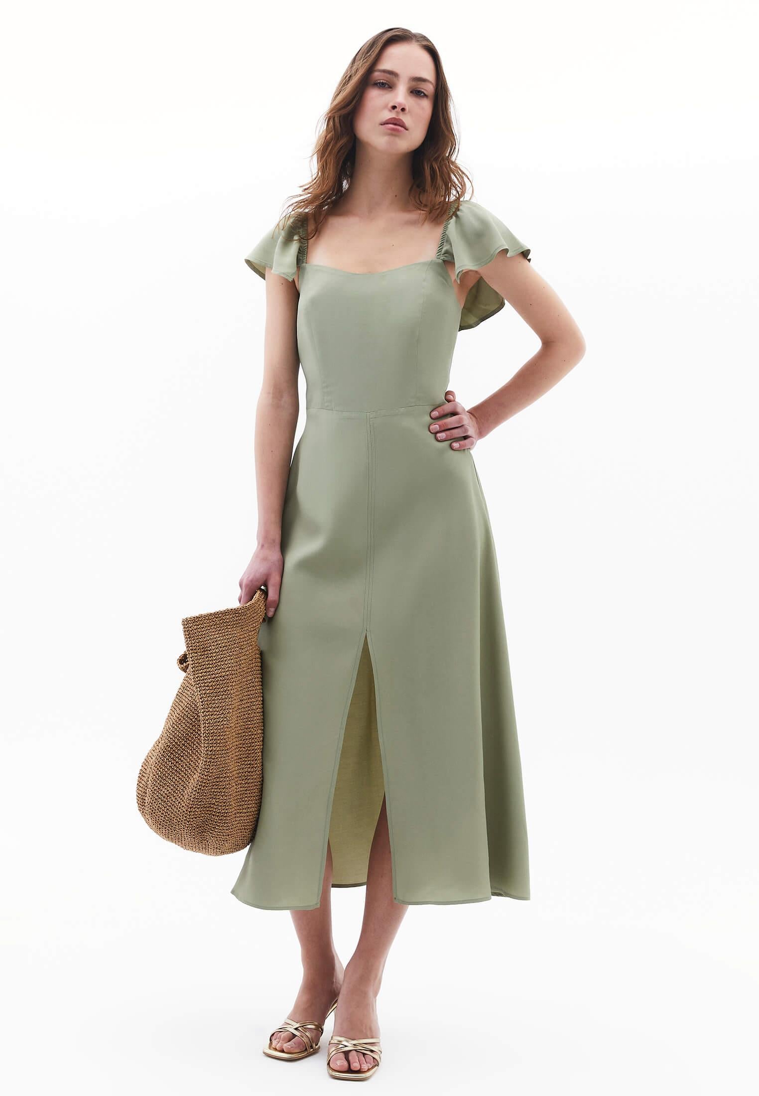 Slit Detailed Sweetheart Neckline Midi Dress - TEA