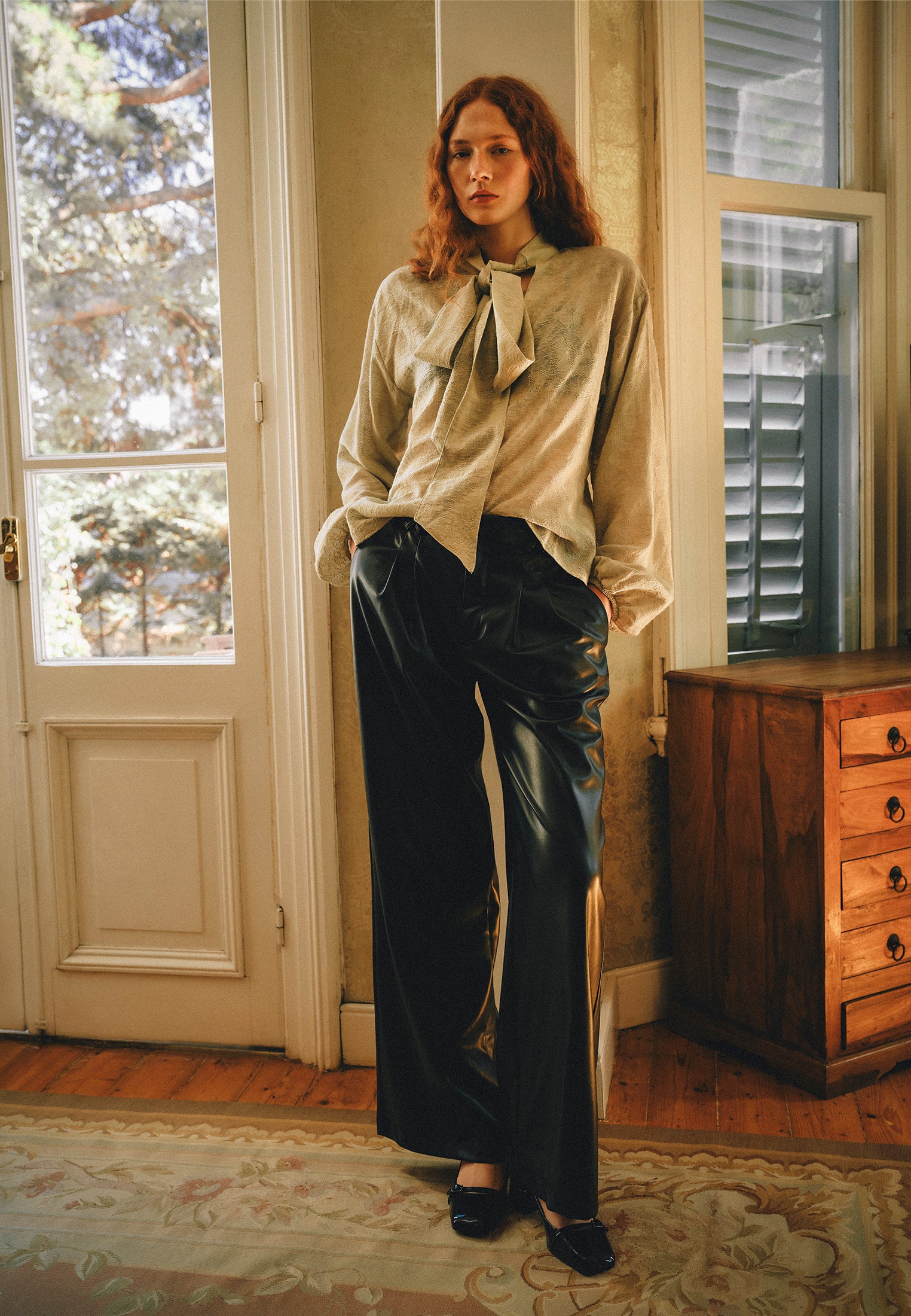 High Neck Balloon Sleeve Tie Blouse - TEA