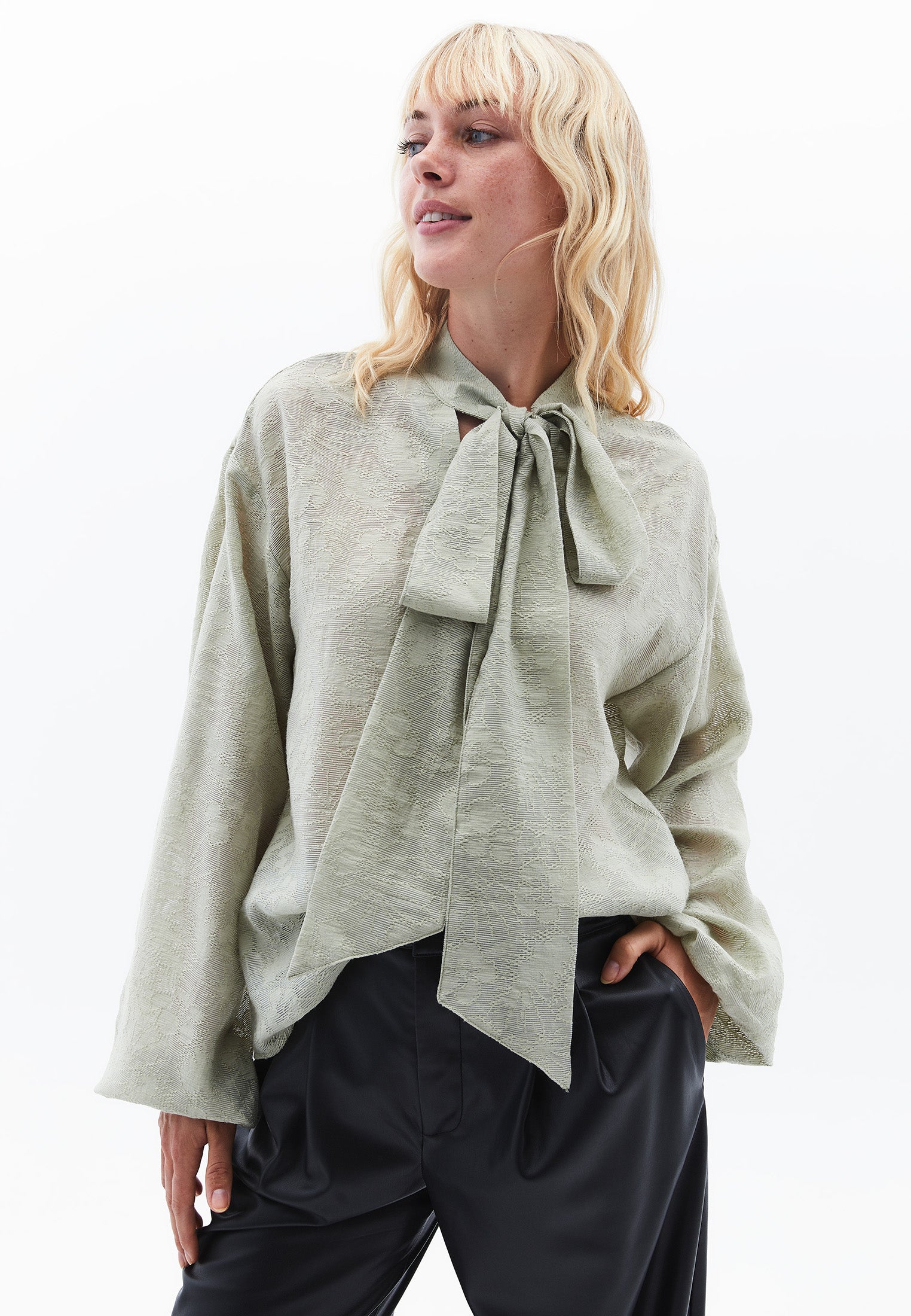High Neck Balloon Sleeve Tie Blouse - TEA