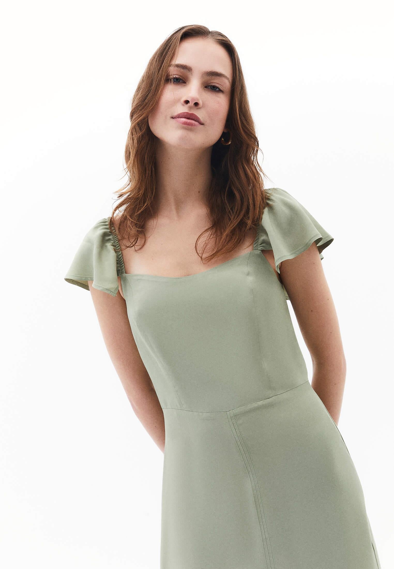 Slit Detailed Sweetheart Neckline Midi Dress - TEA