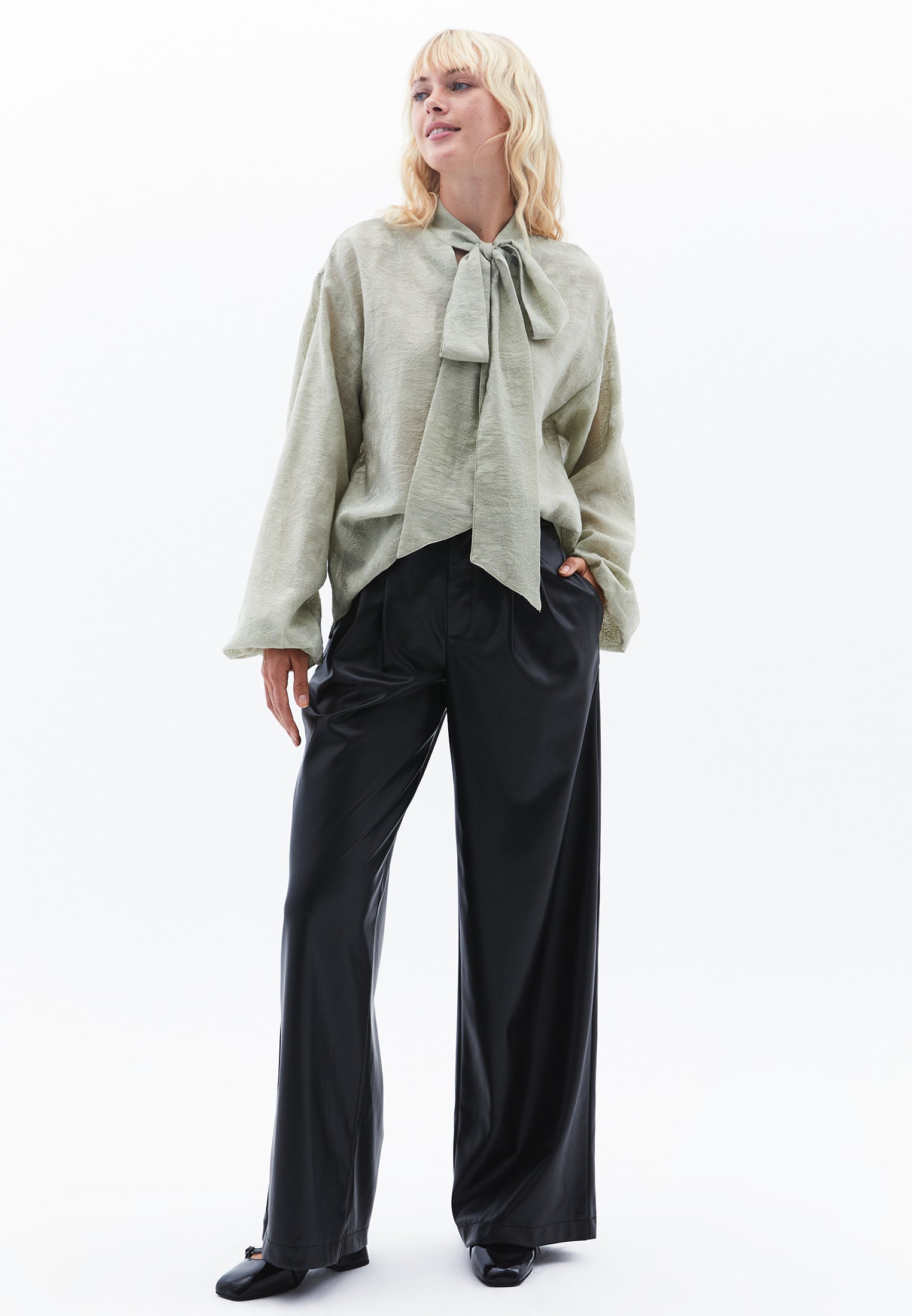High Neck Balloon Sleeve Tie Blouse - TEA