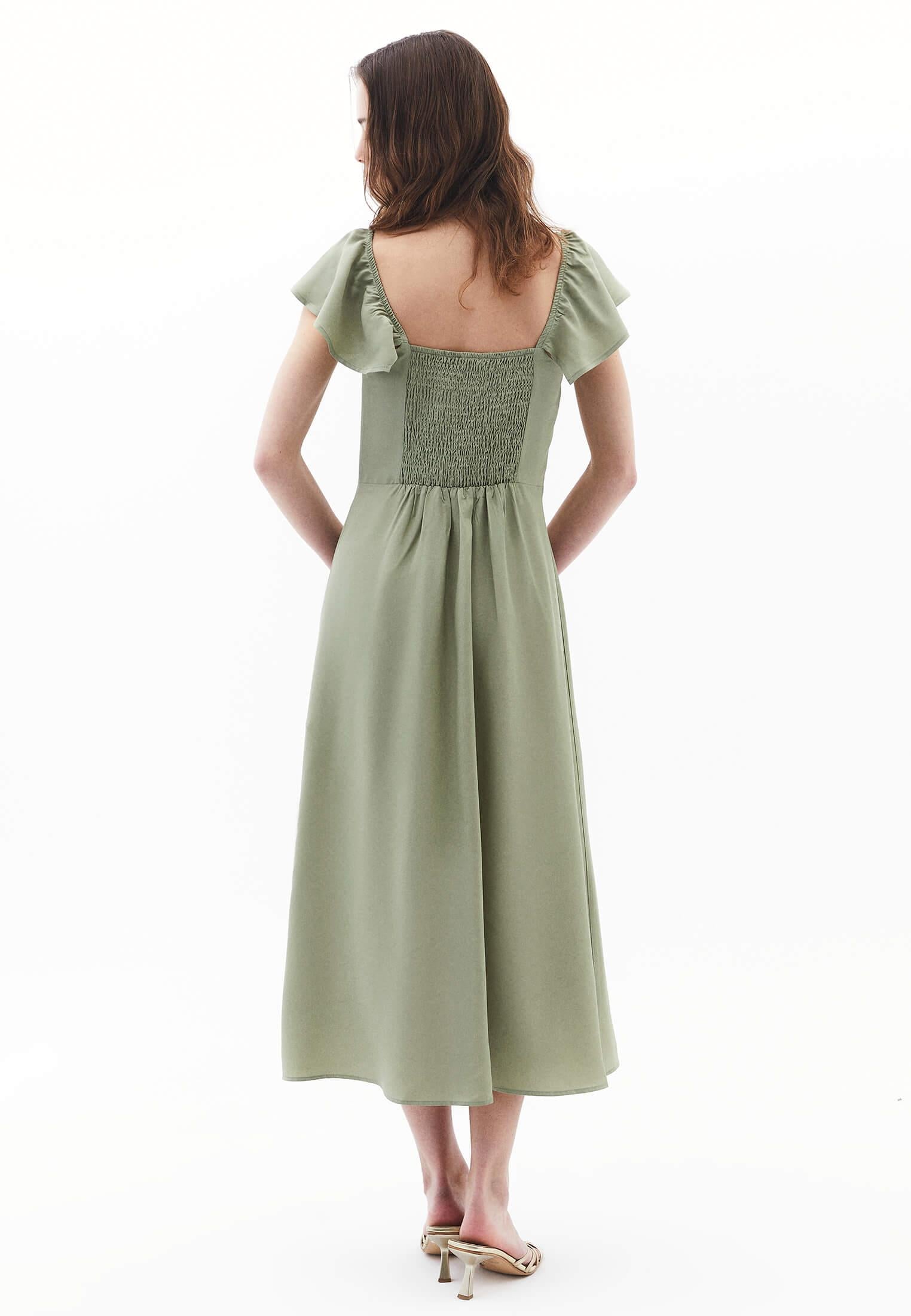 Slit Detailed Sweetheart Neckline Midi Dress - TEA