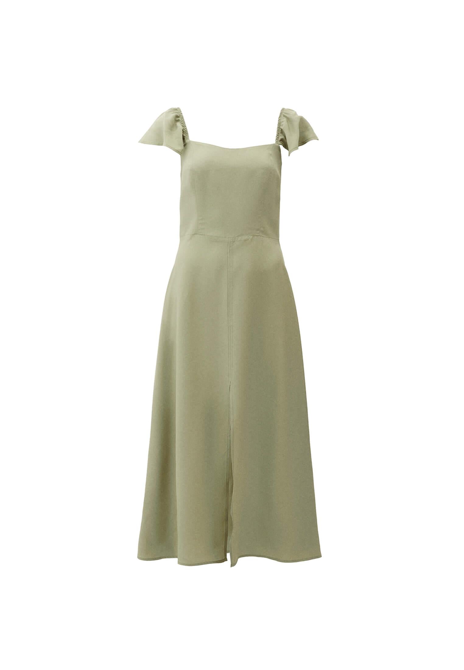 Slit Detailed Sweetheart Neckline Midi Dress - TEA