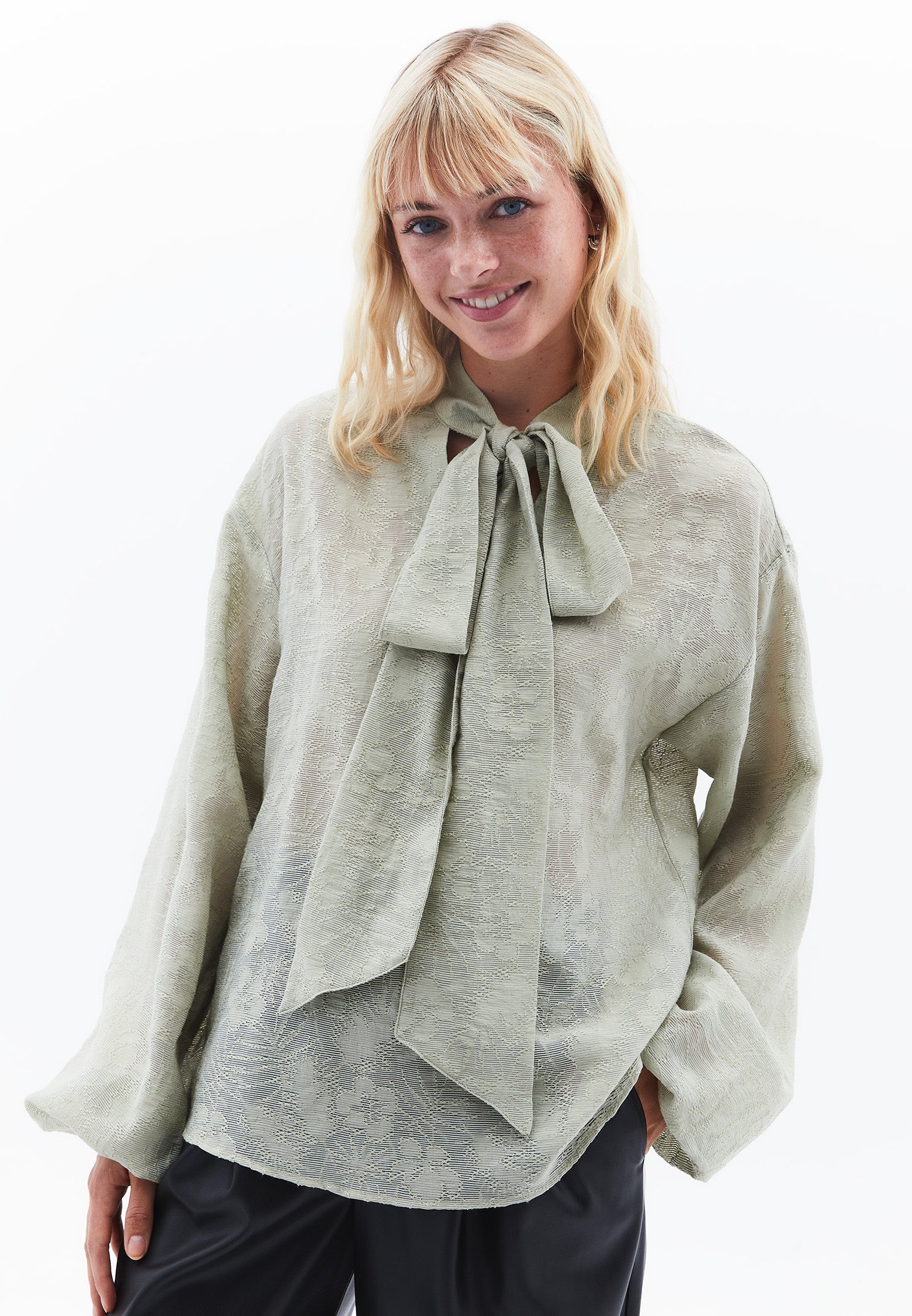 High Neck Balloon Sleeve Tie Blouse - TEA