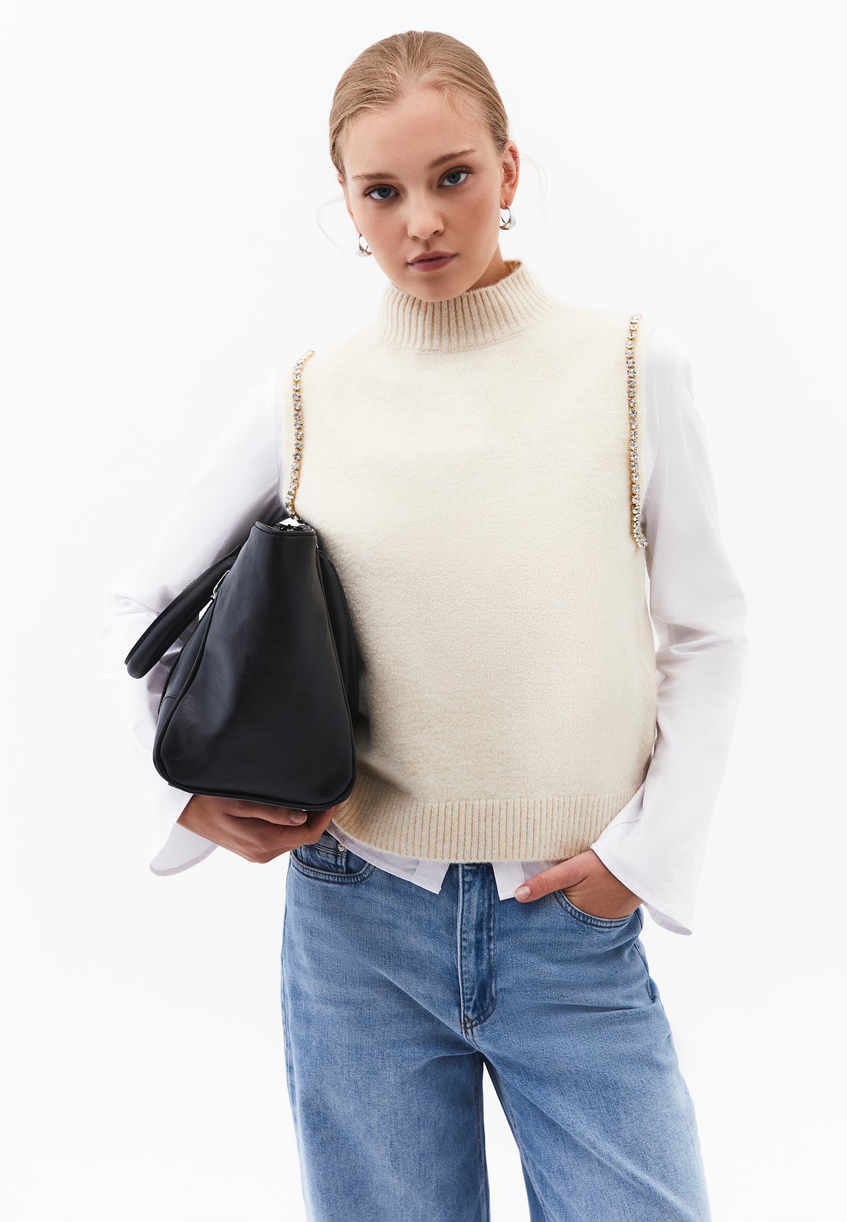Vest With High Collar And Stone Detail - Cream