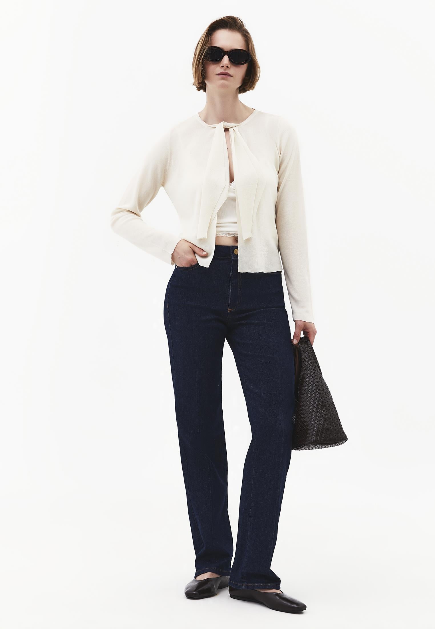 Tie Neckline Cardigan With Crew Neck - TURTLEDOVE