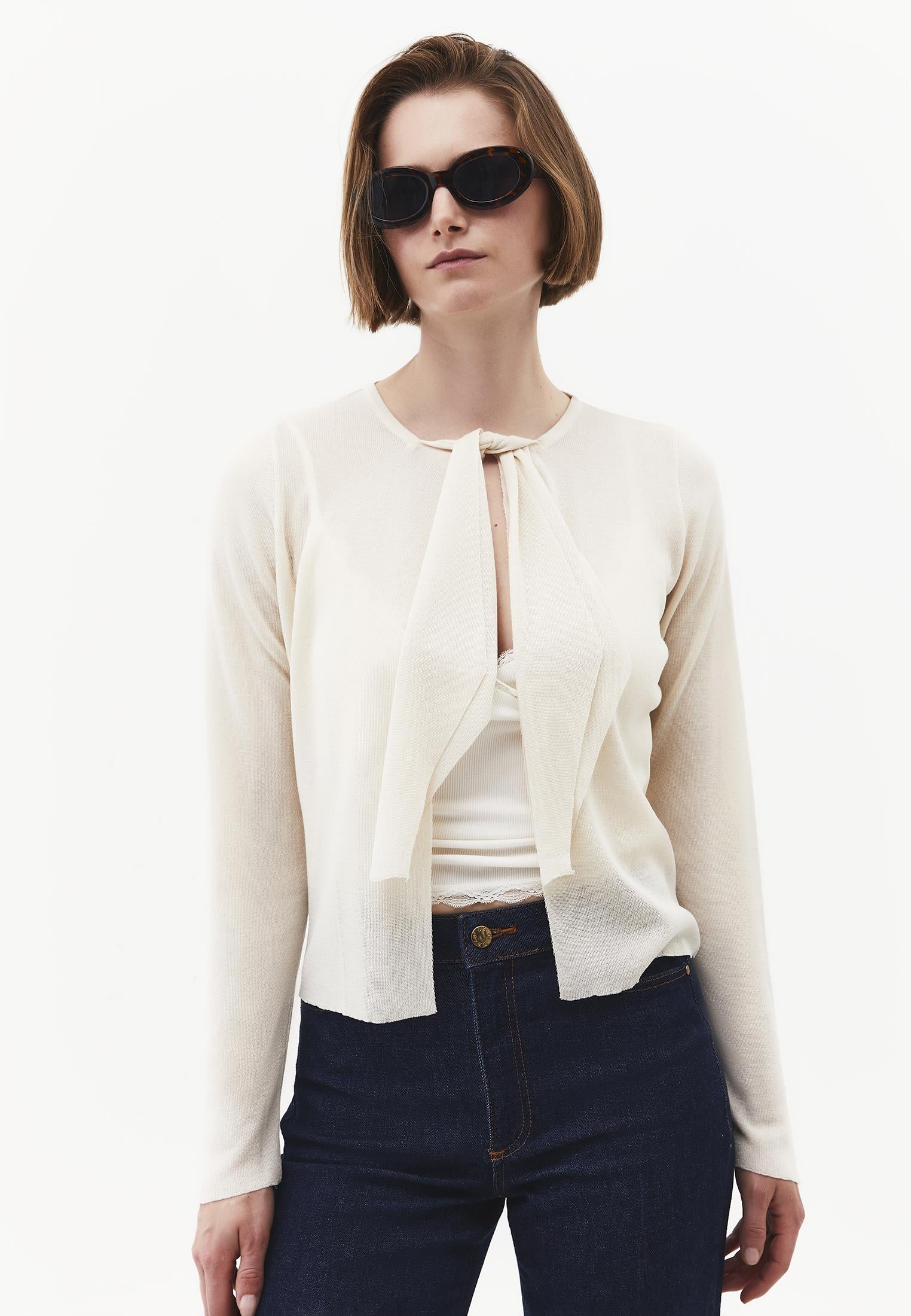 Tie Neckline Cardigan With Crew Neck - TURTLEDOVE