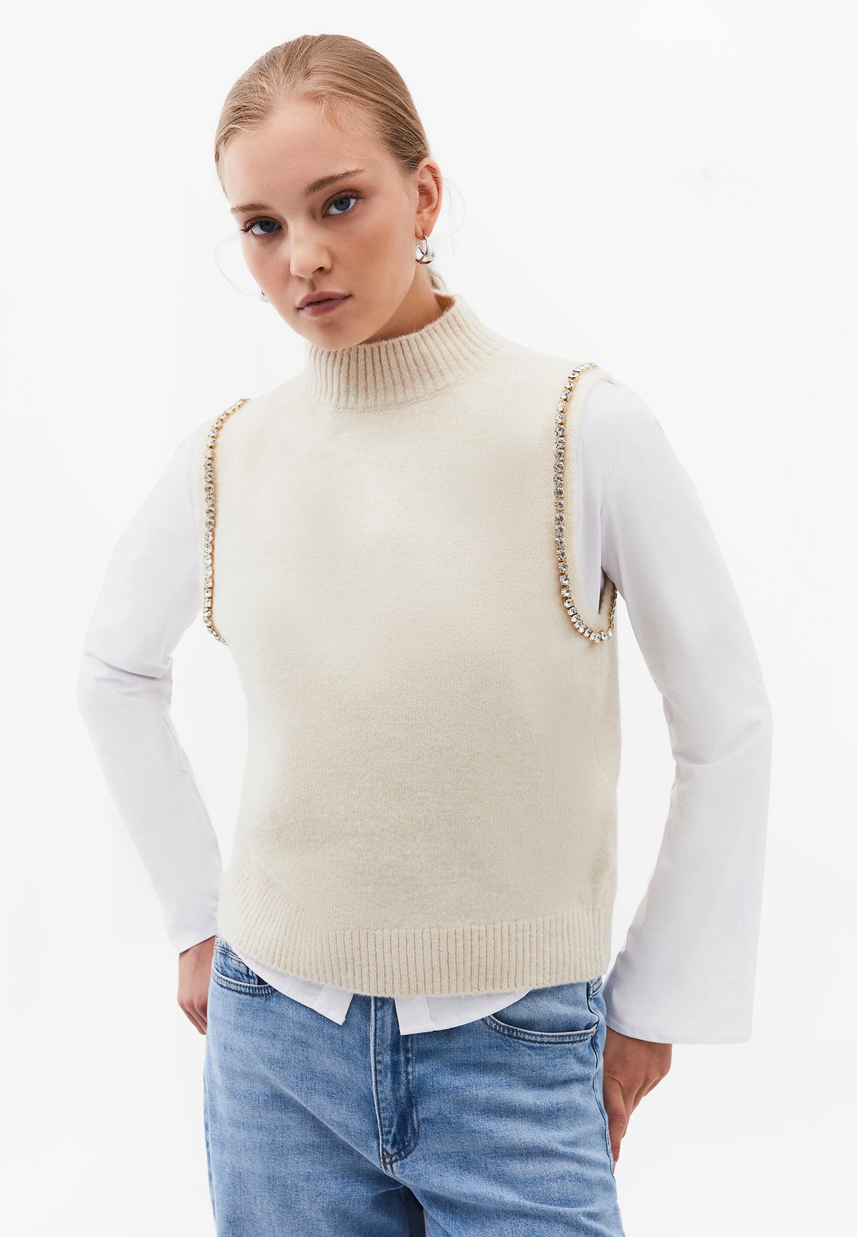 Vest With High Collar And Stone Detail - Cream