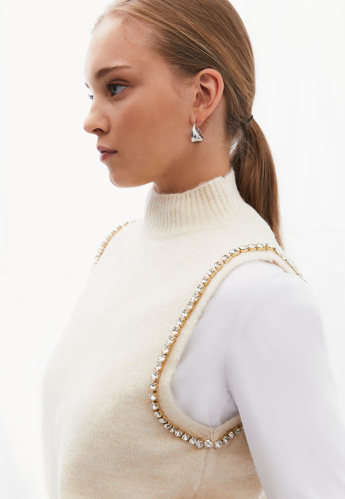 Vest With High Collar And Stone Detail - Cream