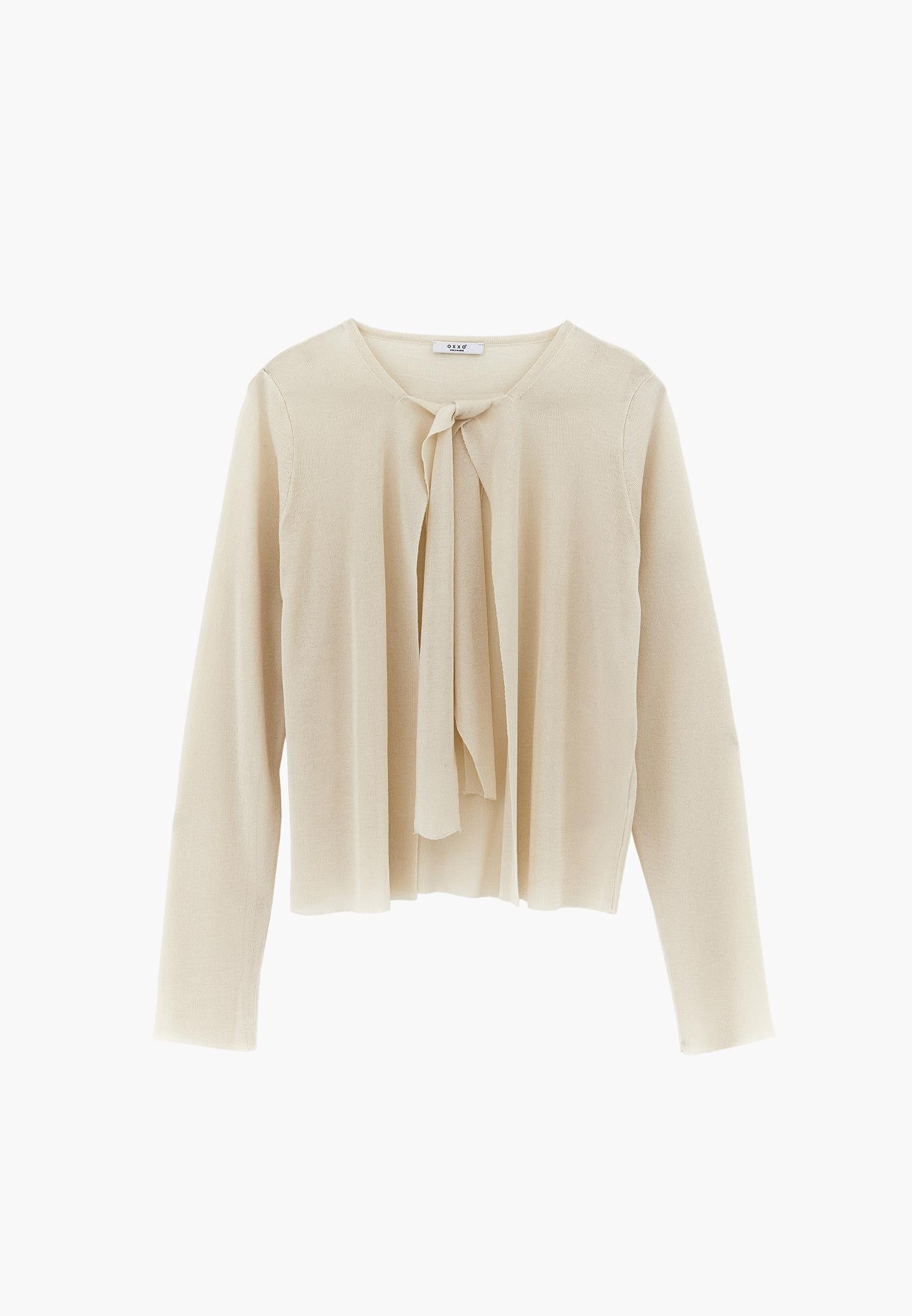 Tie Neckline Cardigan With Crew Neck - TURTLEDOVE