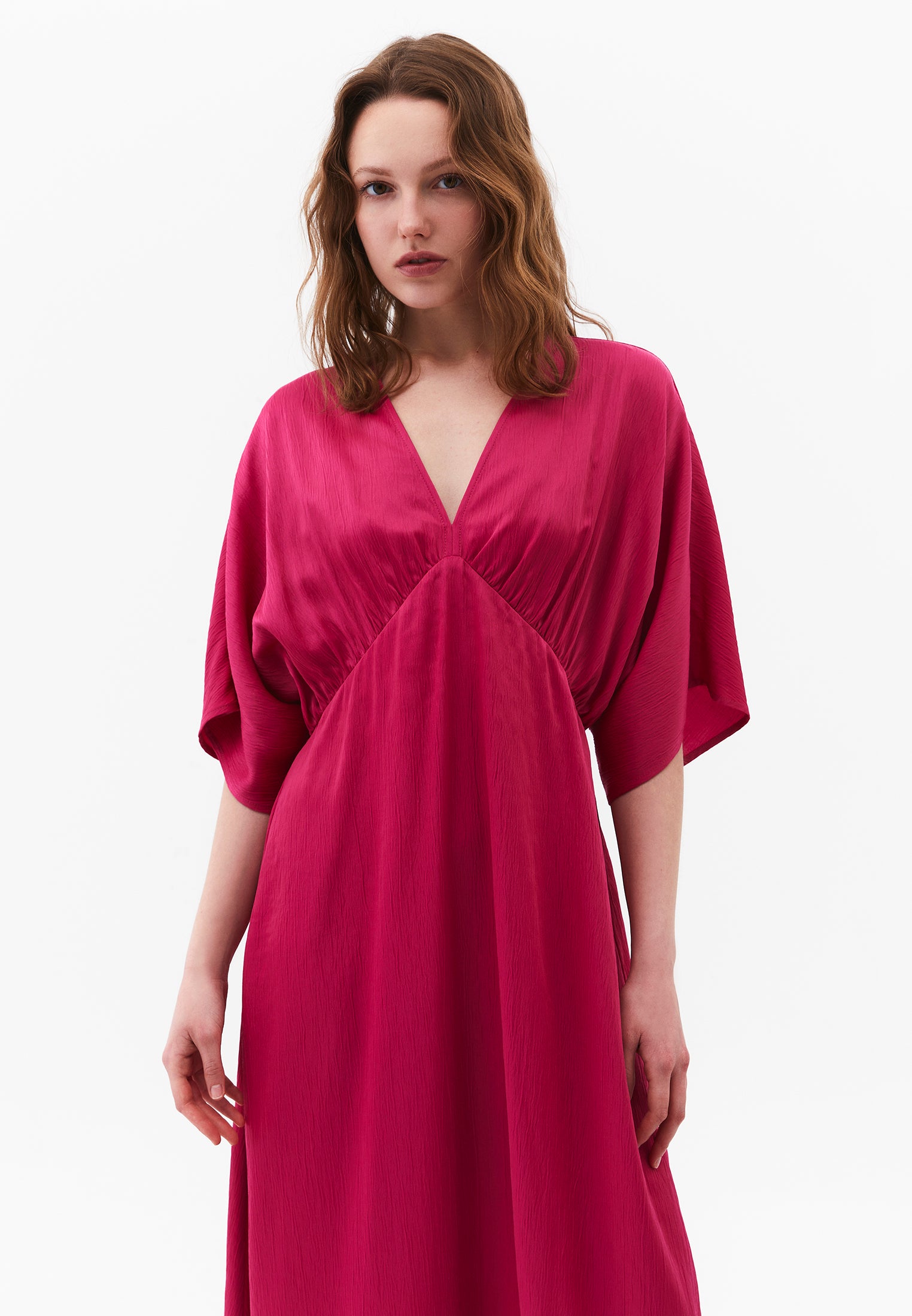 V-Neck Batwing Sleeve Long Dress - VERY BERRY