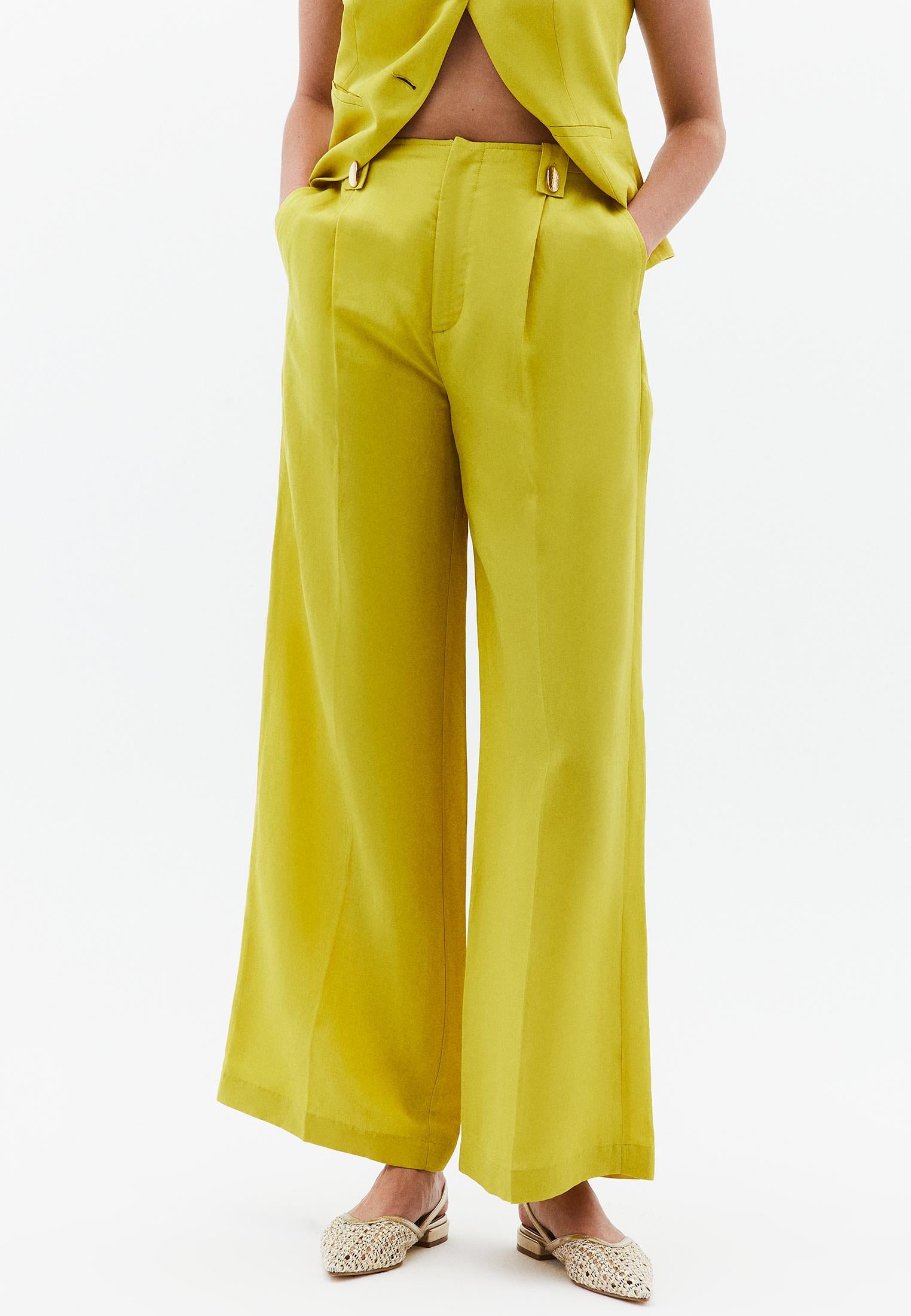Wide Leg High Waist Button Detailed Pants - WARM OLIVE