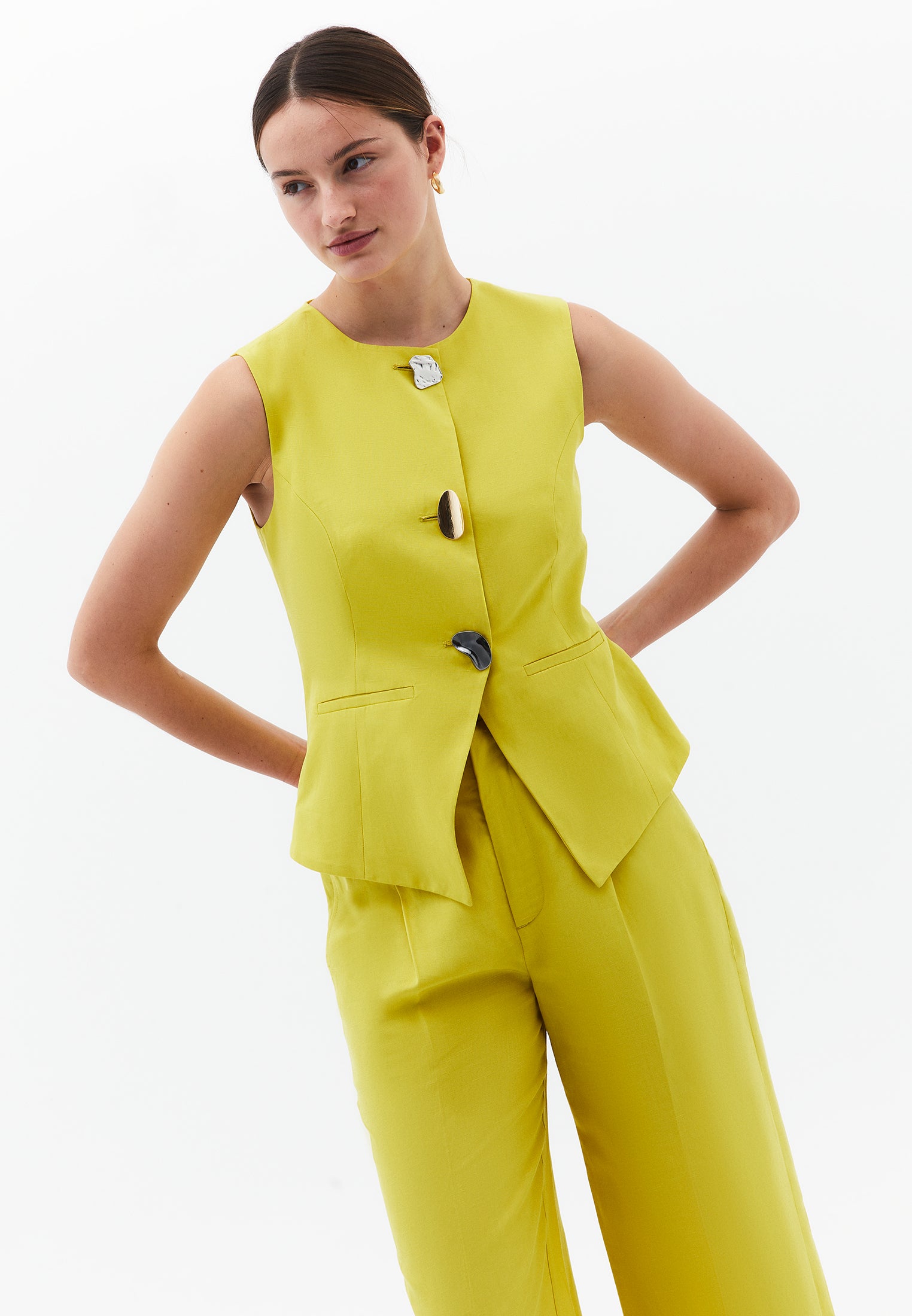 Vest With Button Details - WARM OLIVE