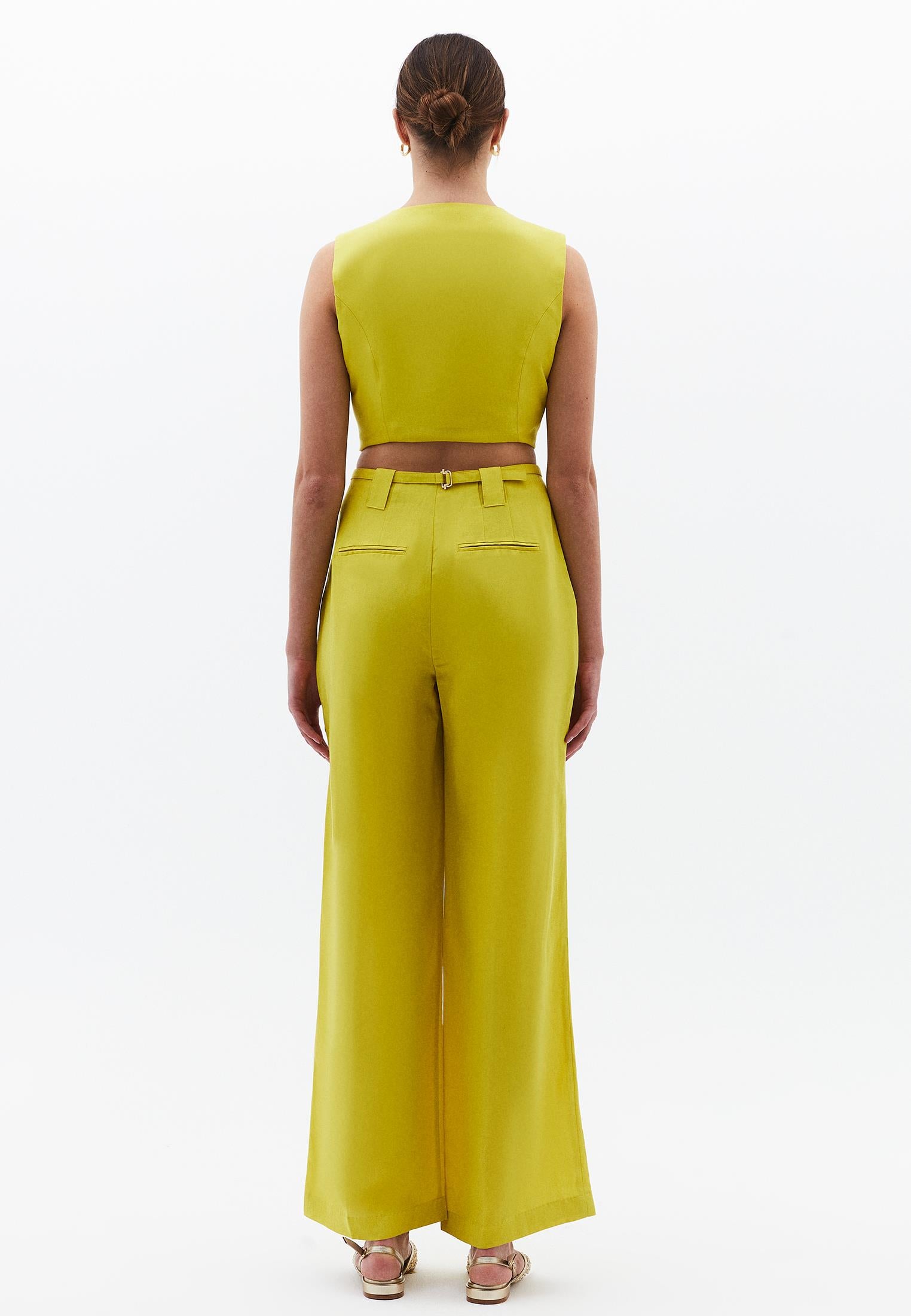 Wide Leg High Waist Button Detailed Pants - WARM OLIVE