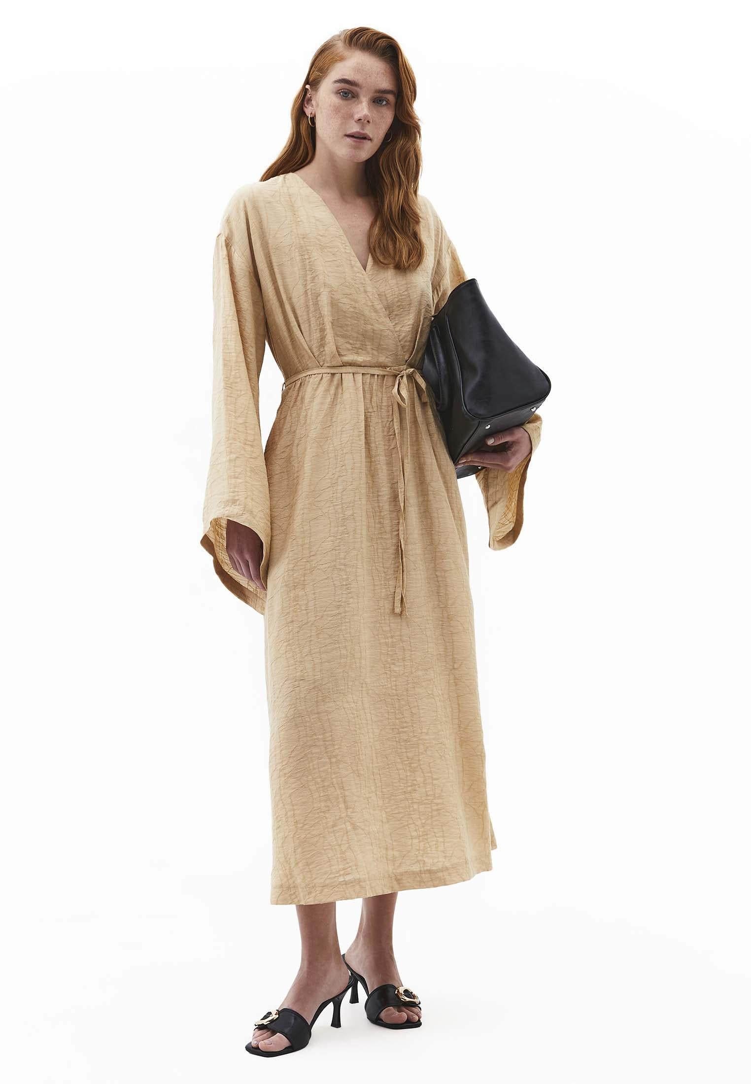 Dress With Tie And Long Sleeves - WARM SAND