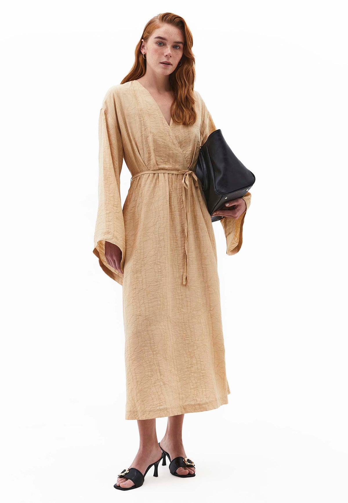 Dress With Tie And Long Sleeves - Beige