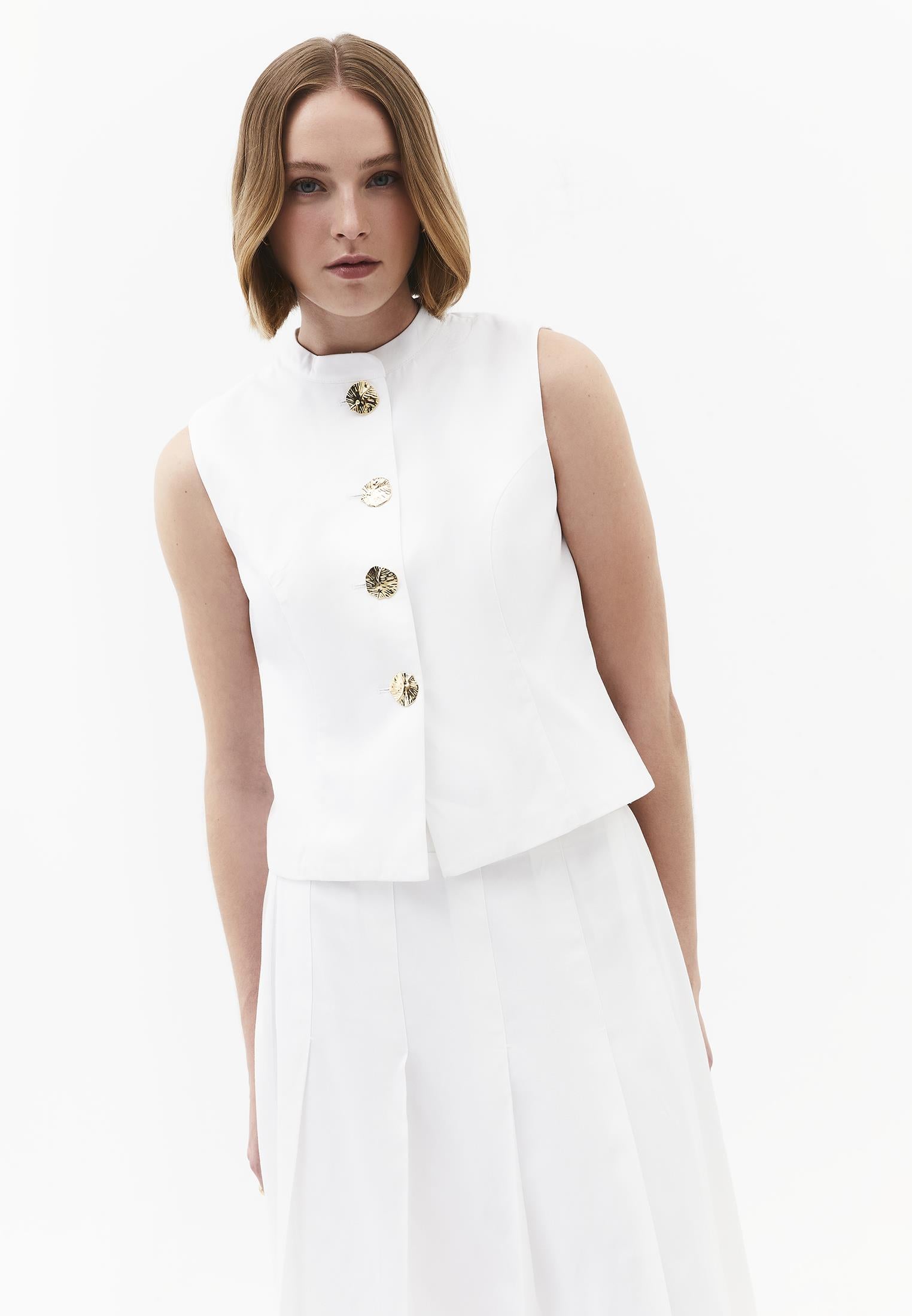 Vest With High Collar And Button Details - WHITE