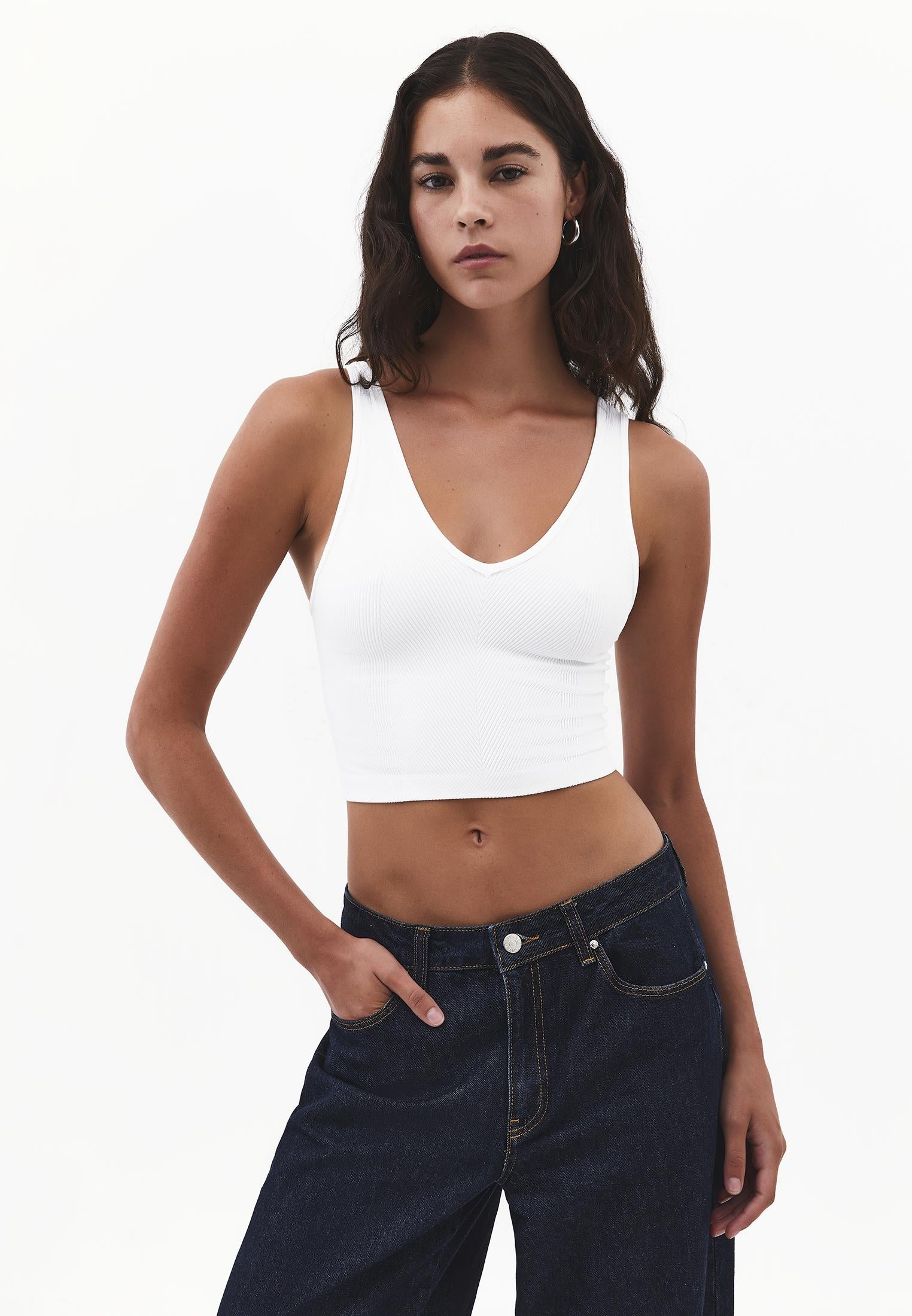 V Neck Bodycon Top - WHITE